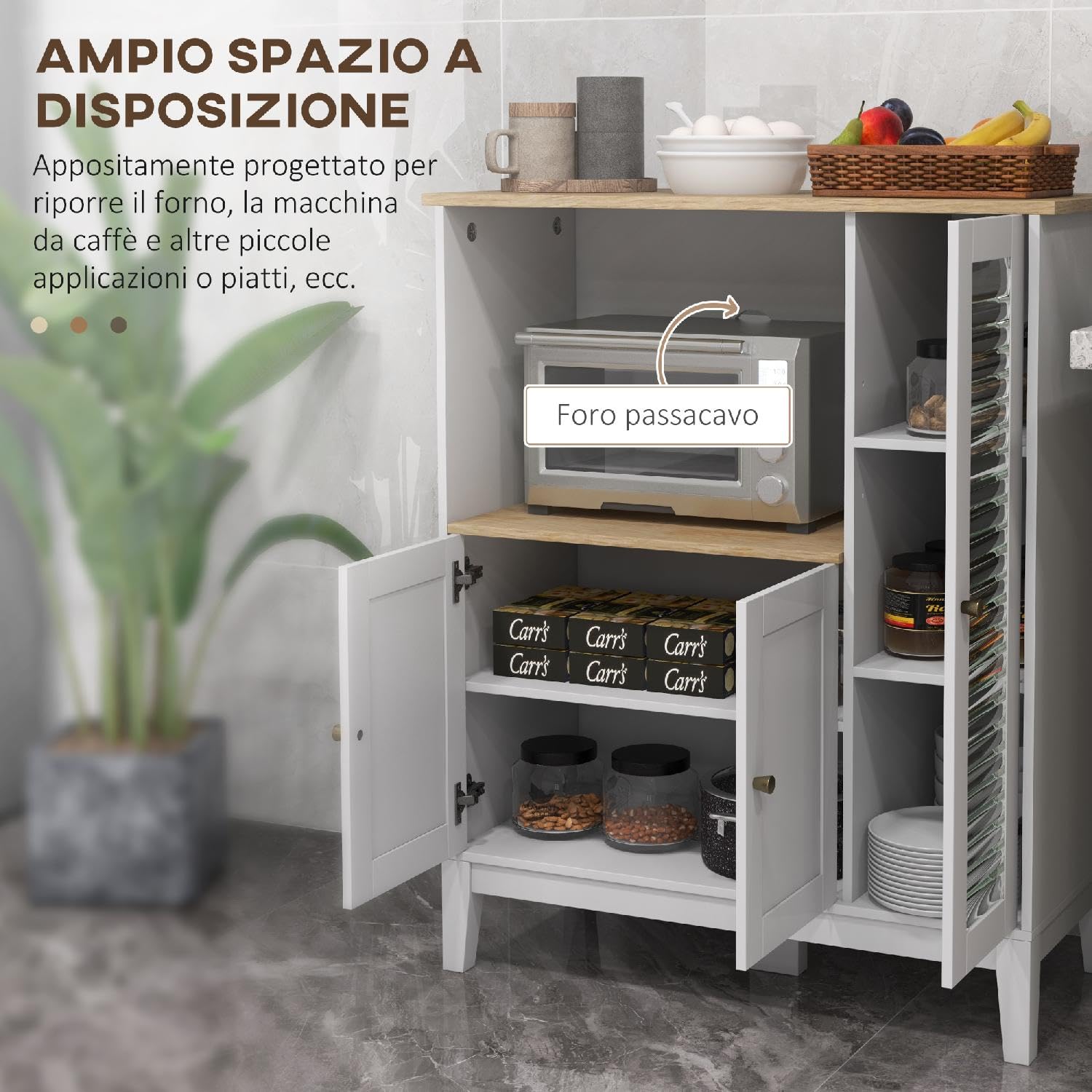 Credenza Cucina Bassa Rustica Mobile Cucina Vano Porta-Microonde 3 Ante Dimensioni 80x35x97 cm Bianco
