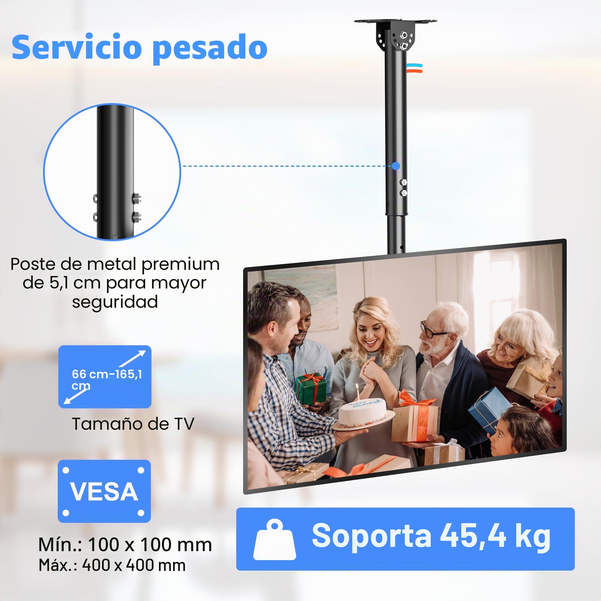 XINLEI Soporte de TV Techo de Movimiento Completo para TV de 26 a 65 Pulgadas, Altura Regulable en 4 Posiciones, Máx. VESA 400 x 400mm, hasta 45 kg, Soporte TV Pared 65 Pulgadas(MCA3)
