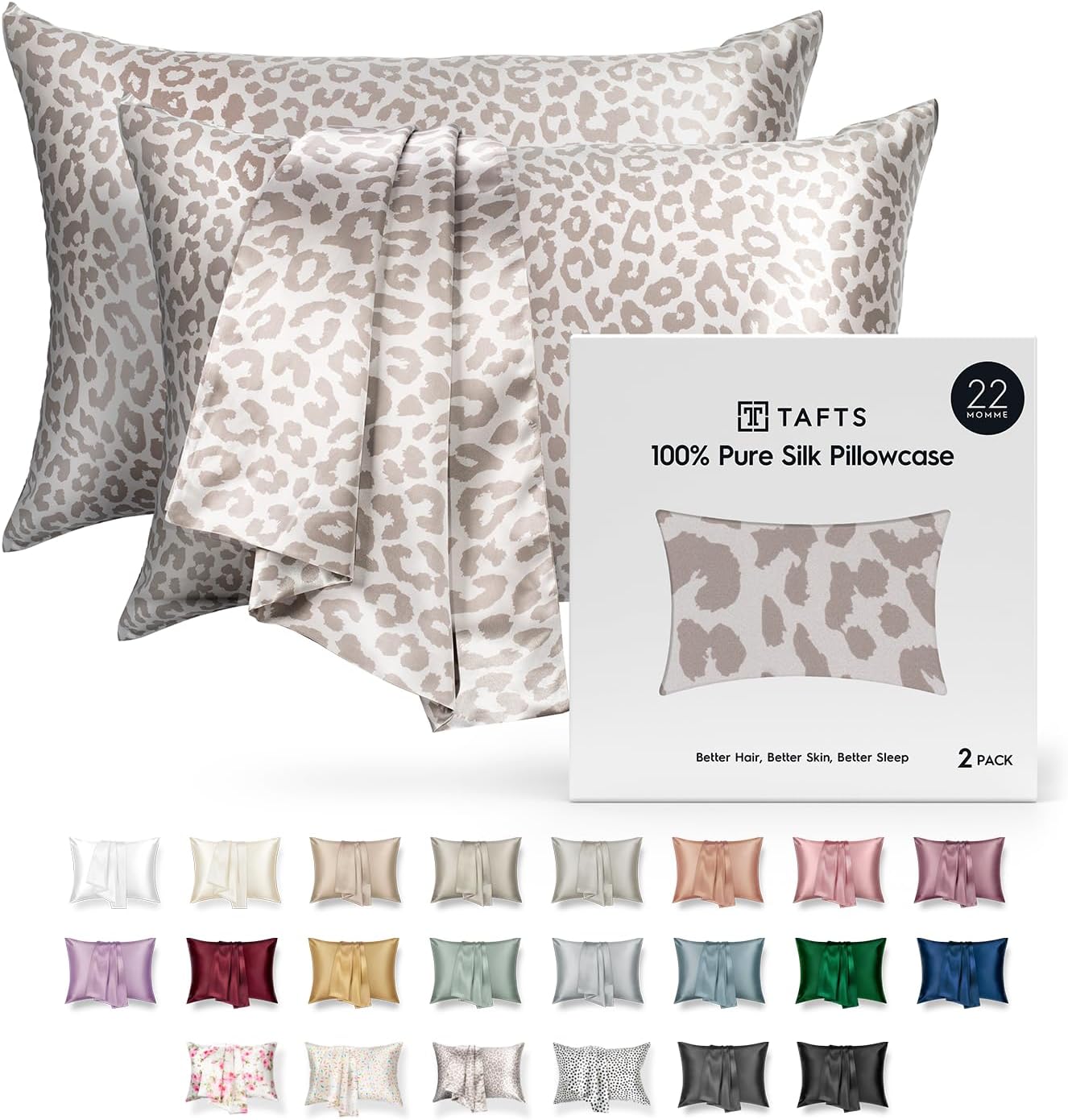 Tafts Silk Pillow Cases - 22mm 100% Pure Mulberry 6A Silk Pillowcase for Hair & Skin with Envelope Closure, Cooling, Natural, Organic, Double Sided Silk Pillow Case (Leopard, Standard 20x26, 2pc)
