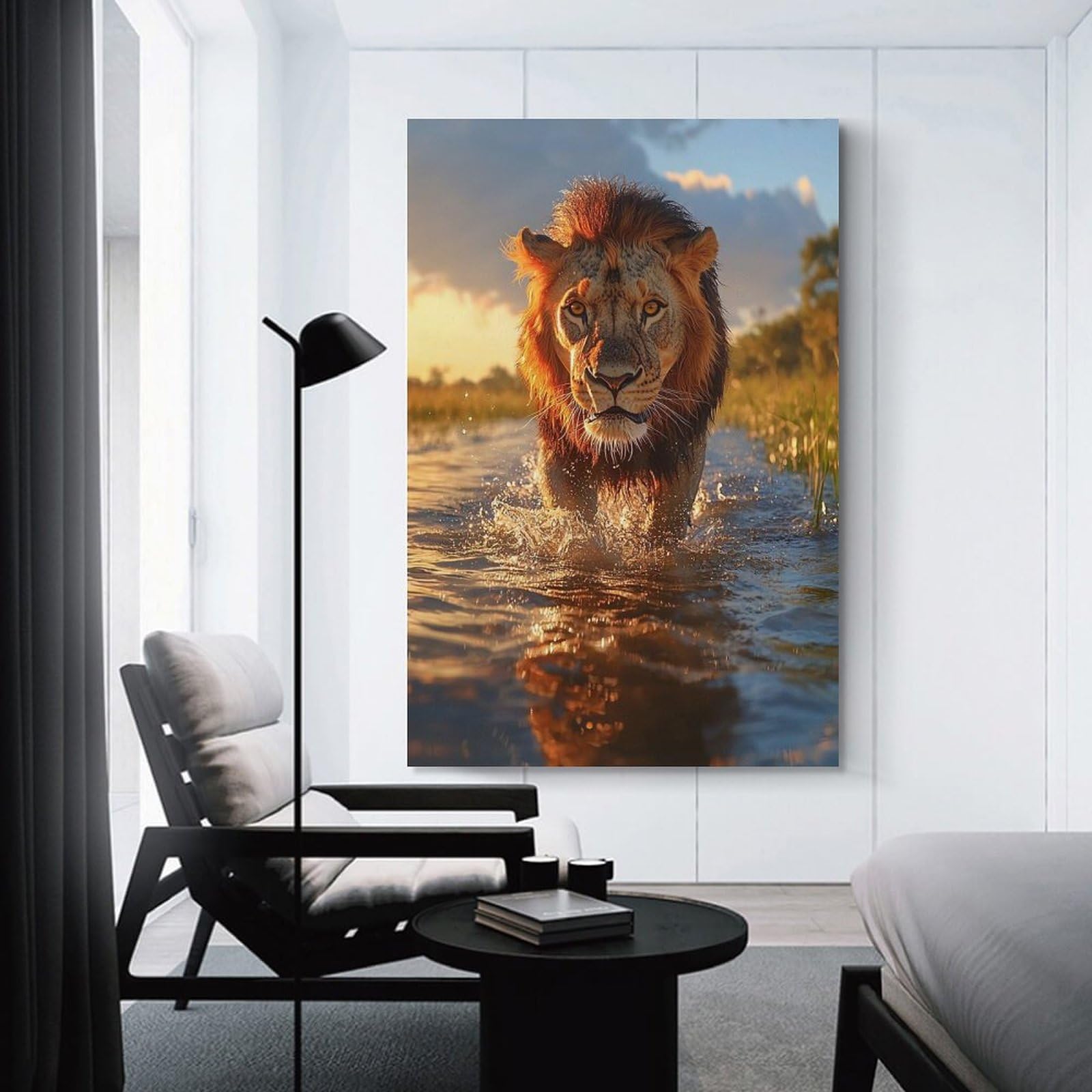 Junmoney Unframe-Style-10 Decorative Wall Artwork Lion Walking Through Water, 24X36inch(60X90cm), For New Homes, Bedrooms Or Workspaces, Canvas Artwork With Gifting Potential