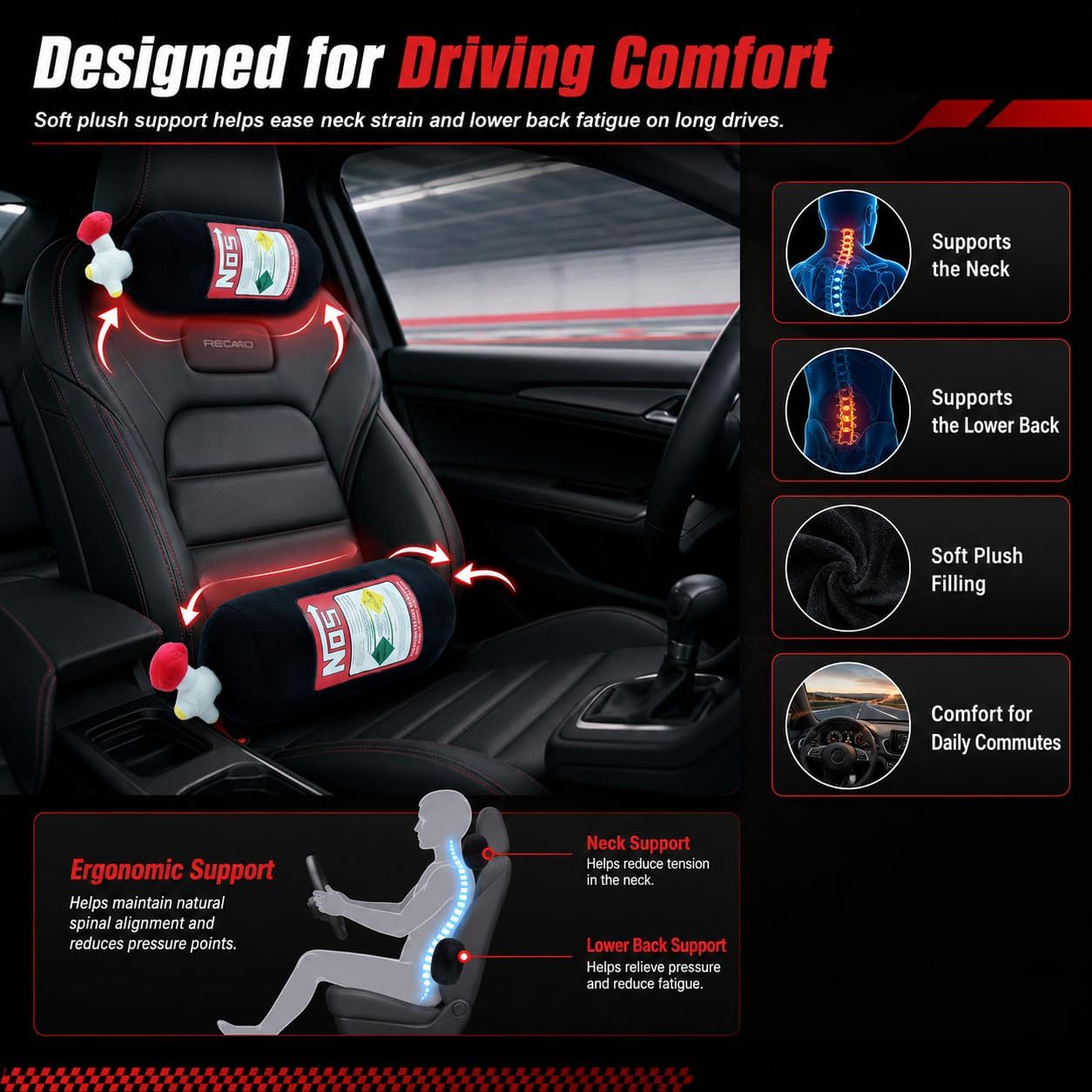 Car Neck Pillow NOS Pillow Bottle Car Headrest Pillow Soft Plush Neck Support Cushion for Driving, Office,Home,Party Decorations(Black 11 inch 2 Pack)