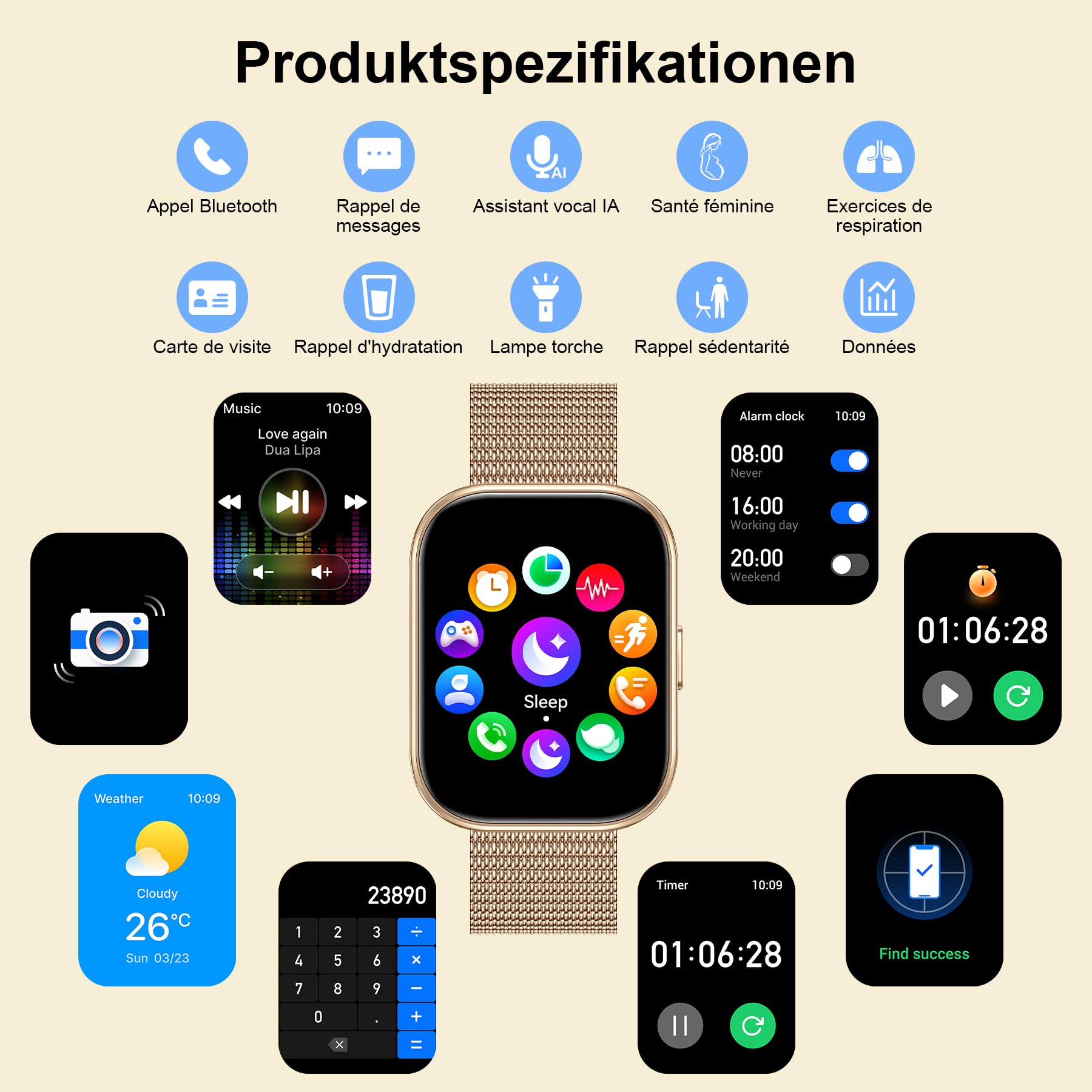 Smartwatch für Damen Herren mit Telefonfunktion,1.75" Fitnessuhr mit Pulsmesser SpO2 Schlafmonitor Schrittzähler IP68 Wasserdicht,120+ Sportmodi Smart Watch Fitness Tracker (Gold)