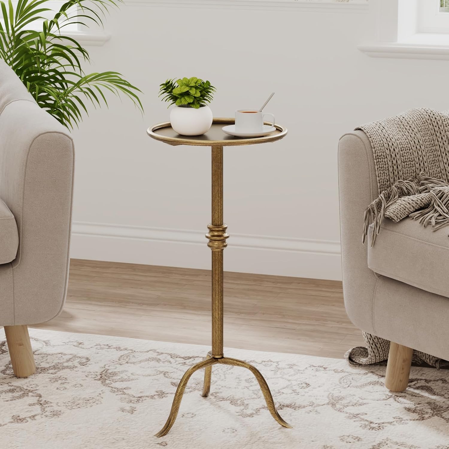Gold Drink Table with 12.2" Tray, Vintage Brass Pedestal Side Tables, Iron Round Martini Cocktail Table with Tray Top for Living Room, Bedroom (Bronze)