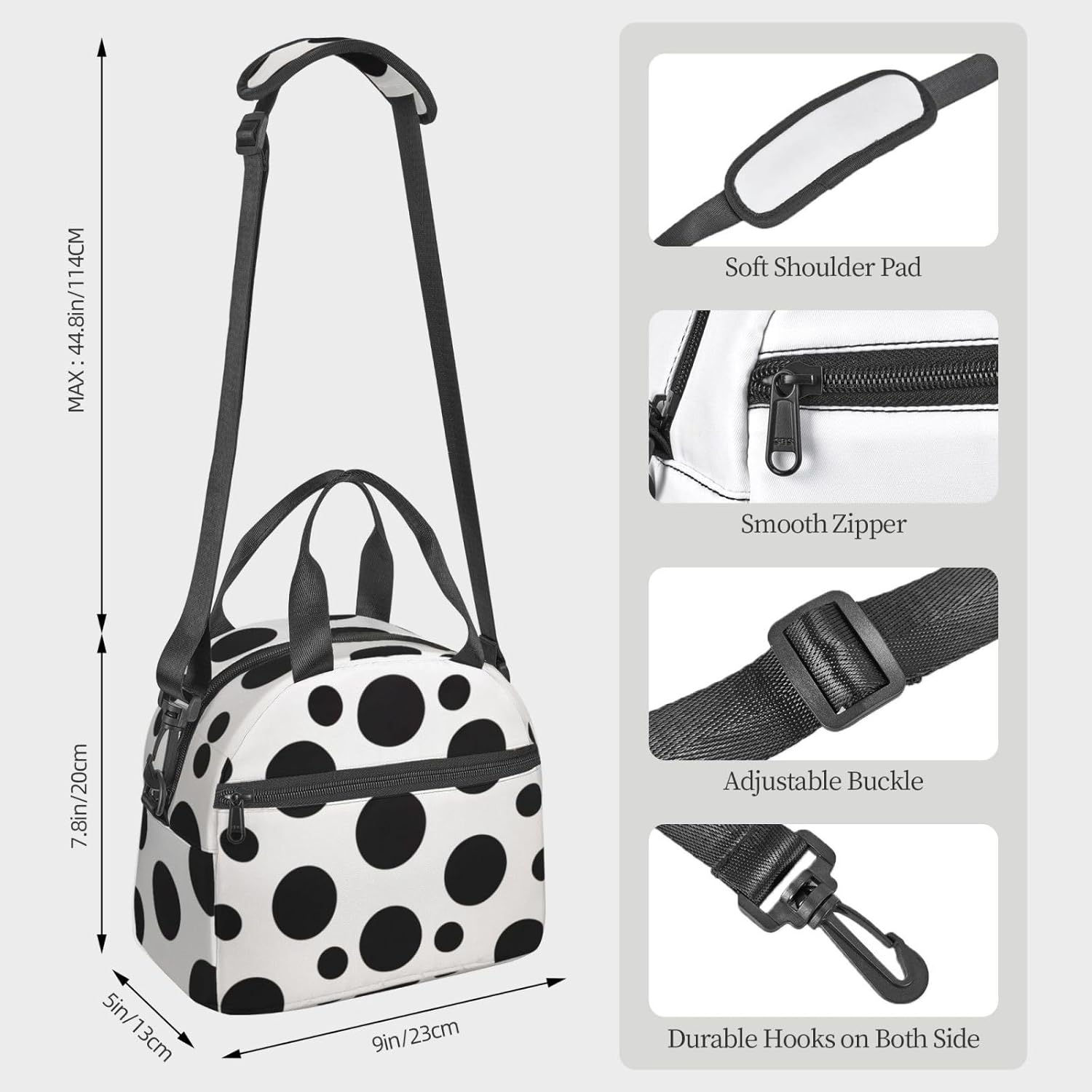 Black & White Big Dot 1 Print Reusable Lunch Bag Insulated Lunch Boxes for Office Work Picnic Tote Bag Adjustable