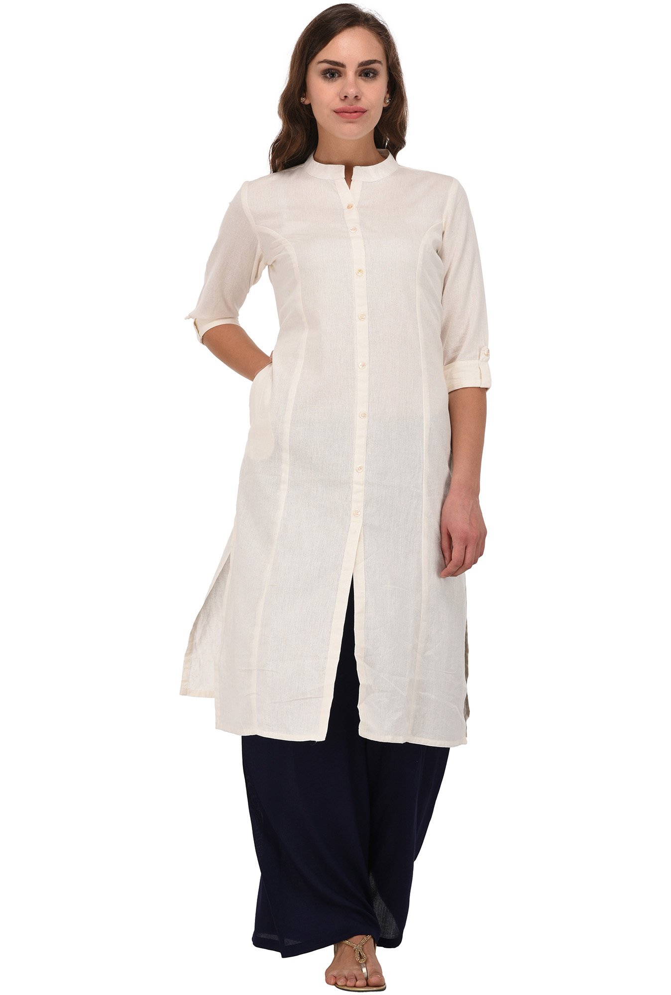 Pistaa's Women's Solid Cotton Kurta with Fold up Sleeves & Plus Size