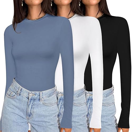 Ekouaer 3 Pack Long Sleeve Shirts for Women Crew Neck Stretch Fitted Underscrubs Black/White/Dusty Blue M
