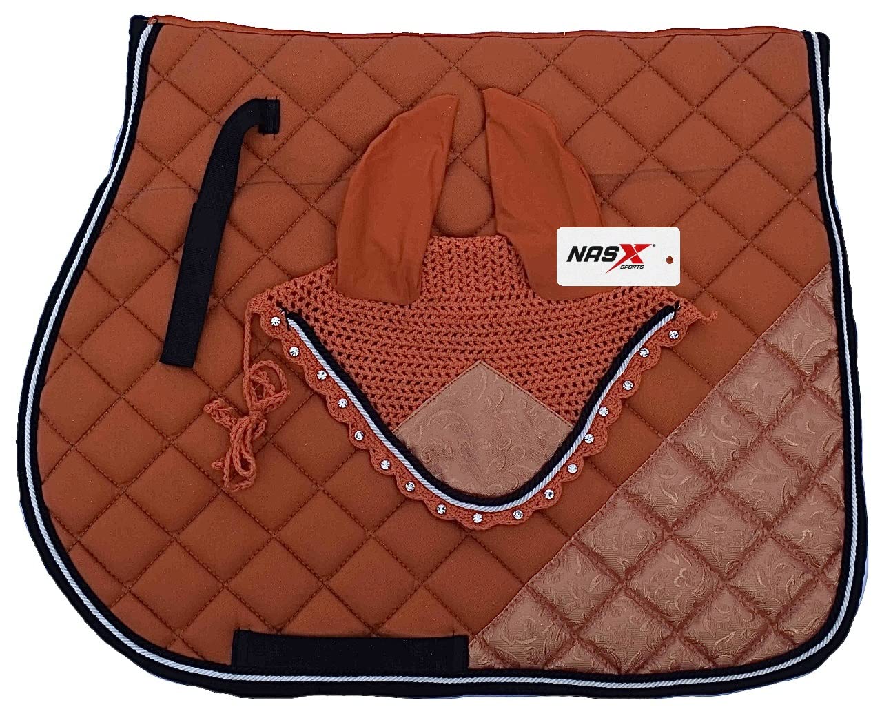 NASX Sports Luxury Saddle Pad with Matching Diamante Fly Veil Set Ear Bonnet Padded (FULL, ORANGE)