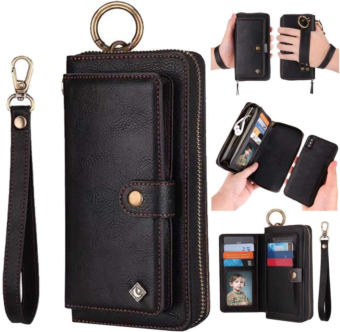AIFENGCASE Phone Case Compatible with iPhone XR,Wallet Case for Women Men Girl,Wristlets Clutch Zipper Leather Pouch Wallet Flip Phone Case Card Holder Magnetic Detachable Back Cover,Black