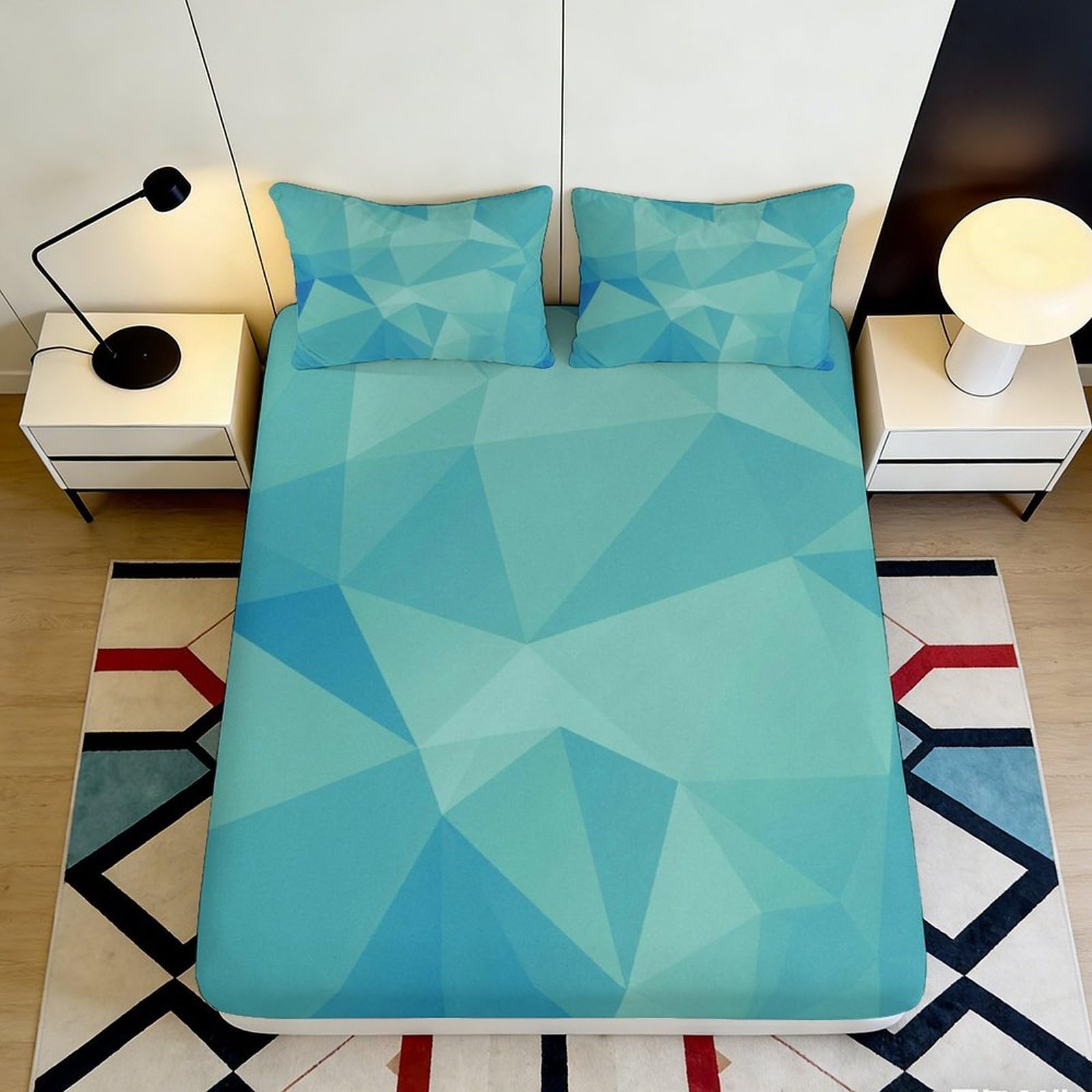 3D Printed Geometric Polygon Fitted Sheet Microfiber Soft Blue Abstract Mattress Cover for Bedroom Dorm Mattress Protection Decor 140x200x25cm