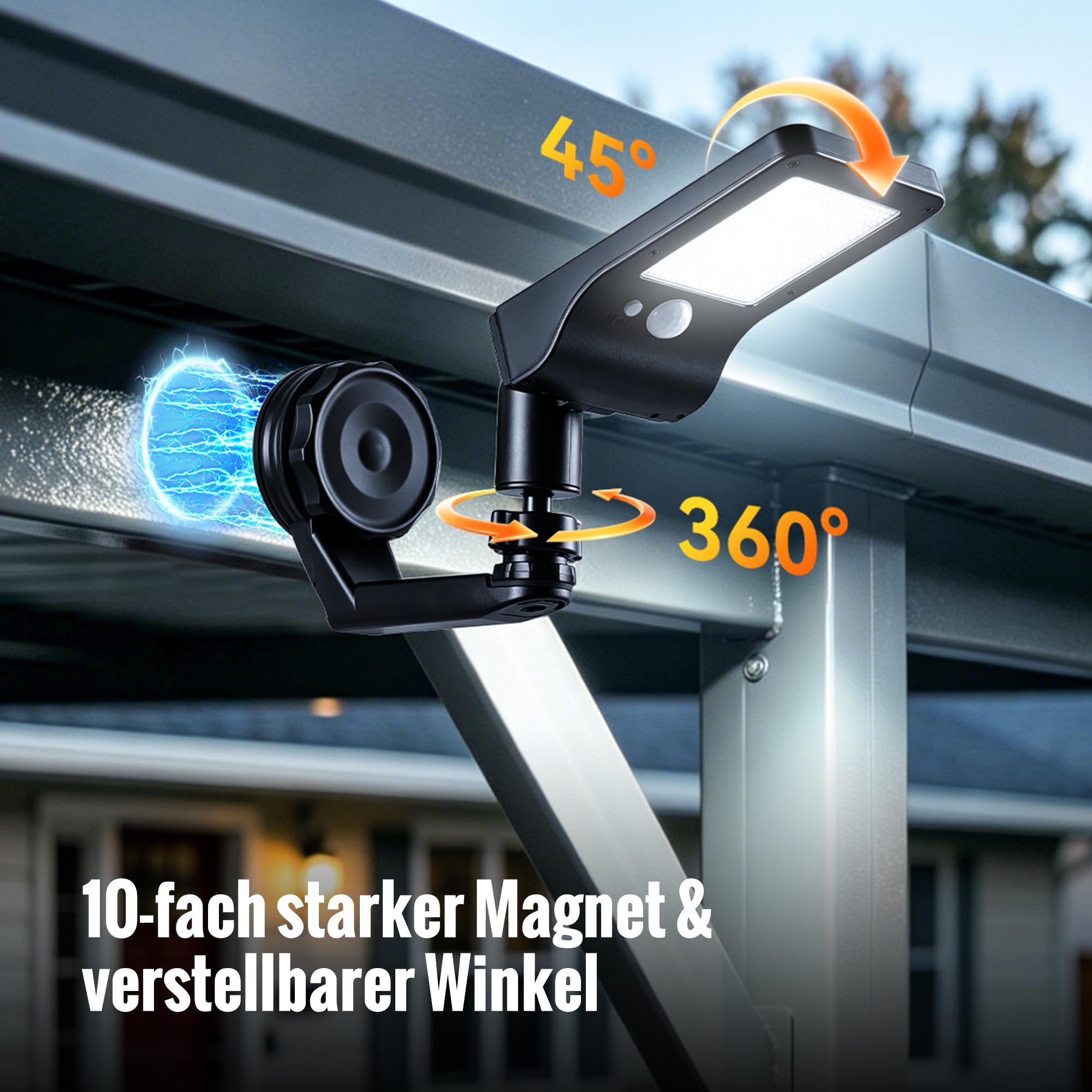 Außenlampe mit Bewegungsmelder Solarleuchte Außen Magnetisch Ohne Bohren | 700LM Wandleuchte 3 Lichtmodi, Magnetisch ohne Bohren 360° Verstellbar IP65 Wasserdicht für Zaun Garage Wohnmobil 4 Stück