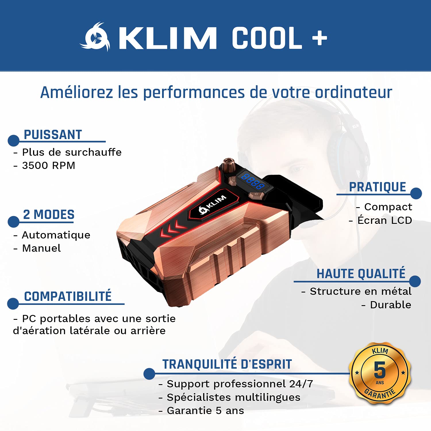 KLIM Cool - Refroidisseur PC Portable en Métal - Le Plus Puissant - Extracteur d' Air USB pour Refroidissement Immédiat - Ventilo