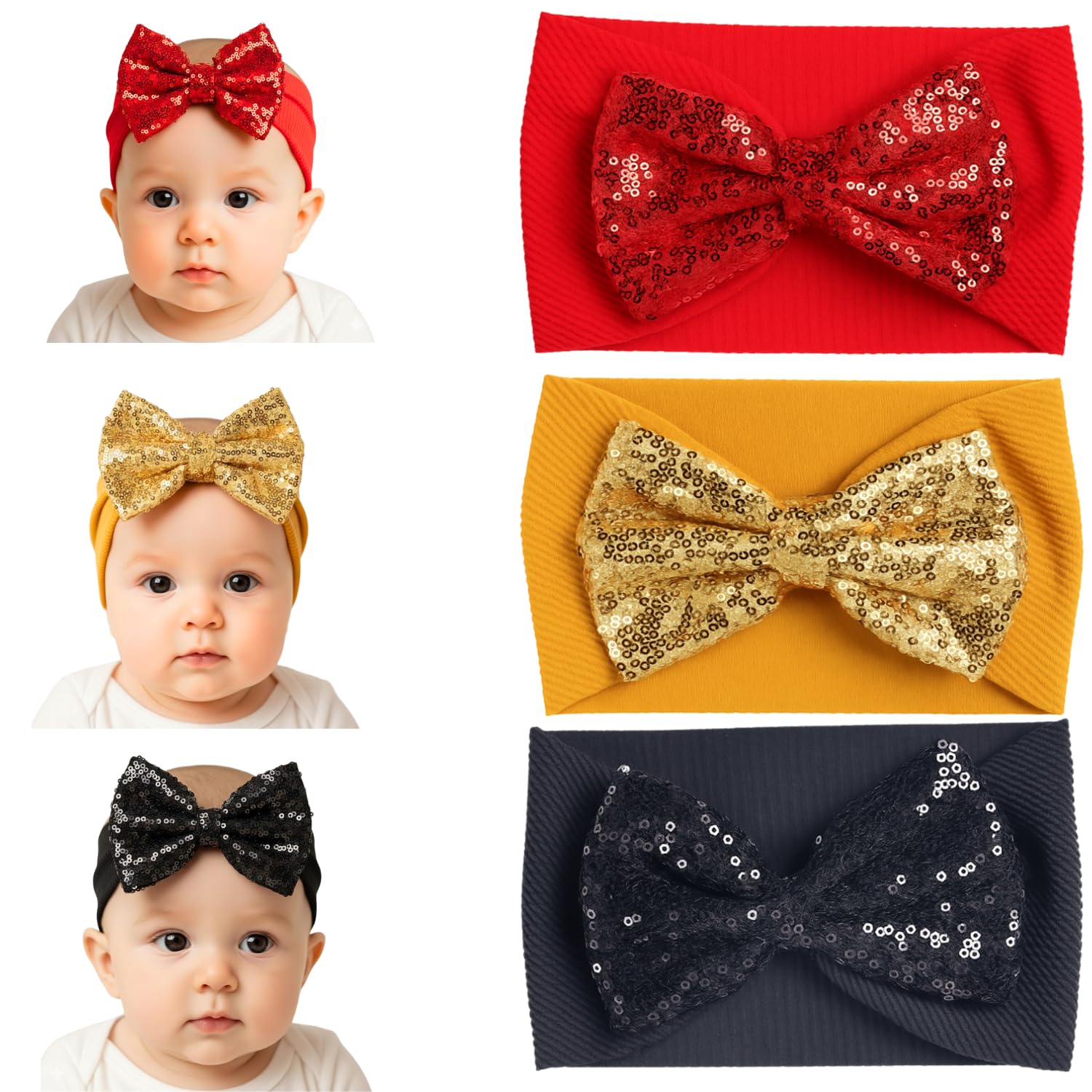 annacreations ANNA CREATIONS 3 Pcs Baby Sequin Bow Headbands – Soft Stretchy Turban Style Hairbands for Newborns & Infants – Sparkly Blue, Orange, and Green Bows – Adorable Fashion Accessories for Baby Girls (Multicolor-3)-picture-29