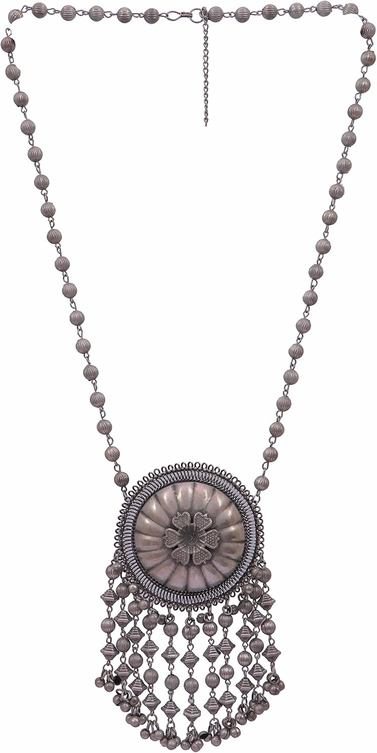 Indian Antique Designer Handmade Silver Oxidized Mirror Ghungroo Bells Tribal Gypsy Statement Long Sweater Necklace Jewelry Women Girls