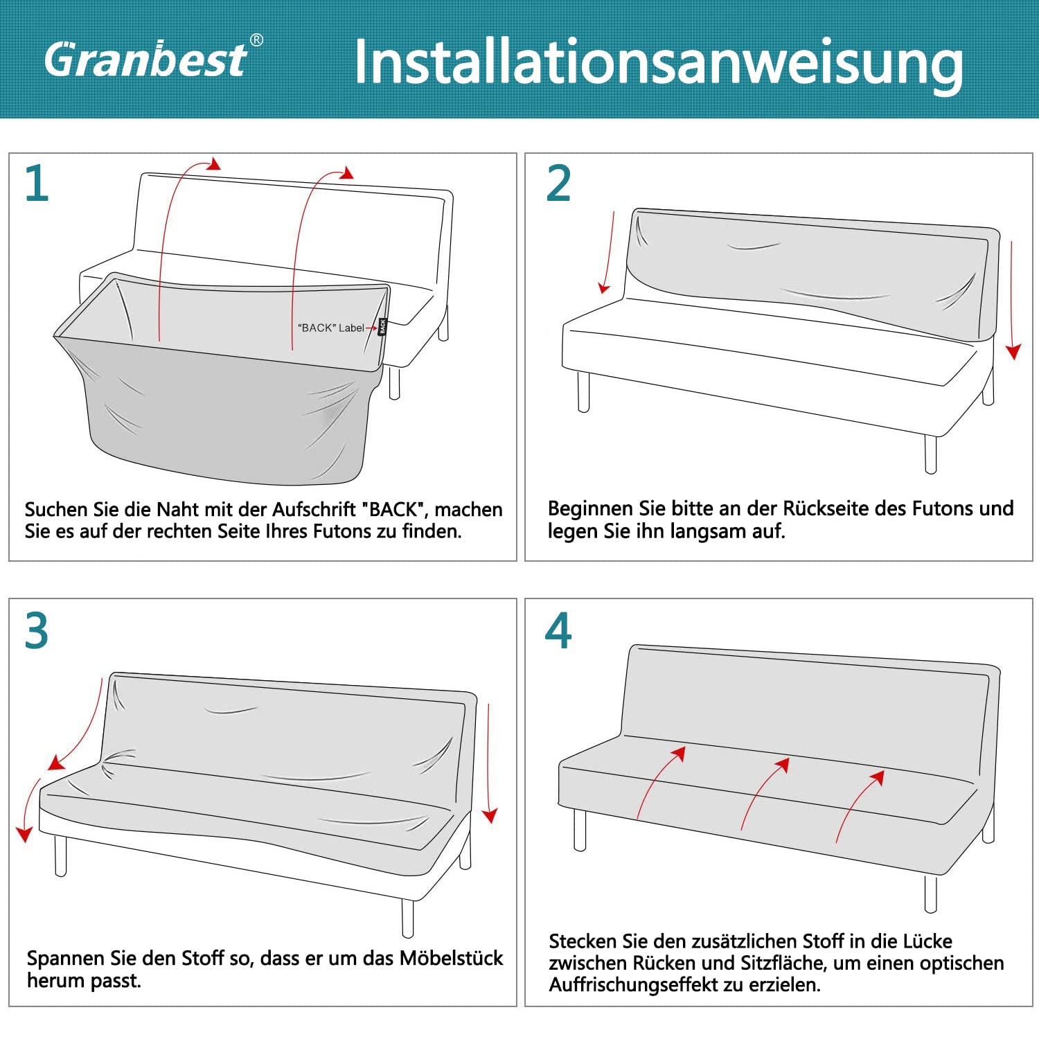 Granbest Housse de futon épaisse à haute élasticité - Sans bras - Nouveau motif - Pour canapé-lit plissé - Antidérapante - Sans accoudoirs - Futon - Noir
