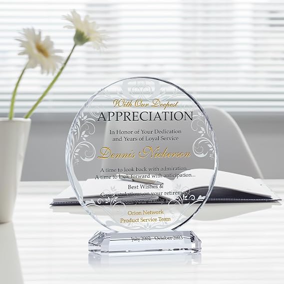 Custom Engraved Crystal Retirement Plaque Personalized Gift for Employee, Manager, Coworker, or Friend (M-6.5)