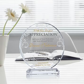 Custom Engraved Crystal Retirement Plaque Personalized Gift for Employee, Manager, Coworker, or Friend (M-6.5)