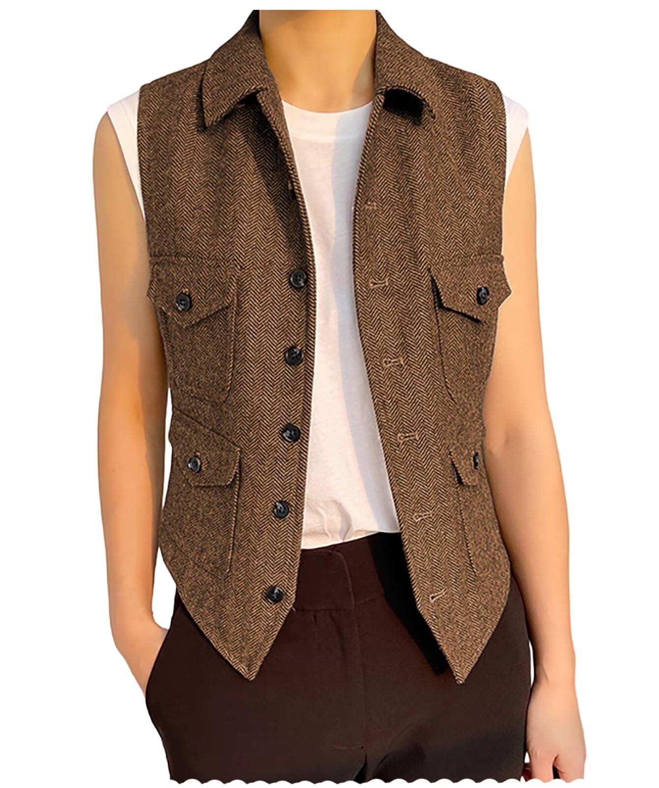 Womens Herringbone Tweed Vest Casual Sleeveless Jacket Dressy Waistcoat