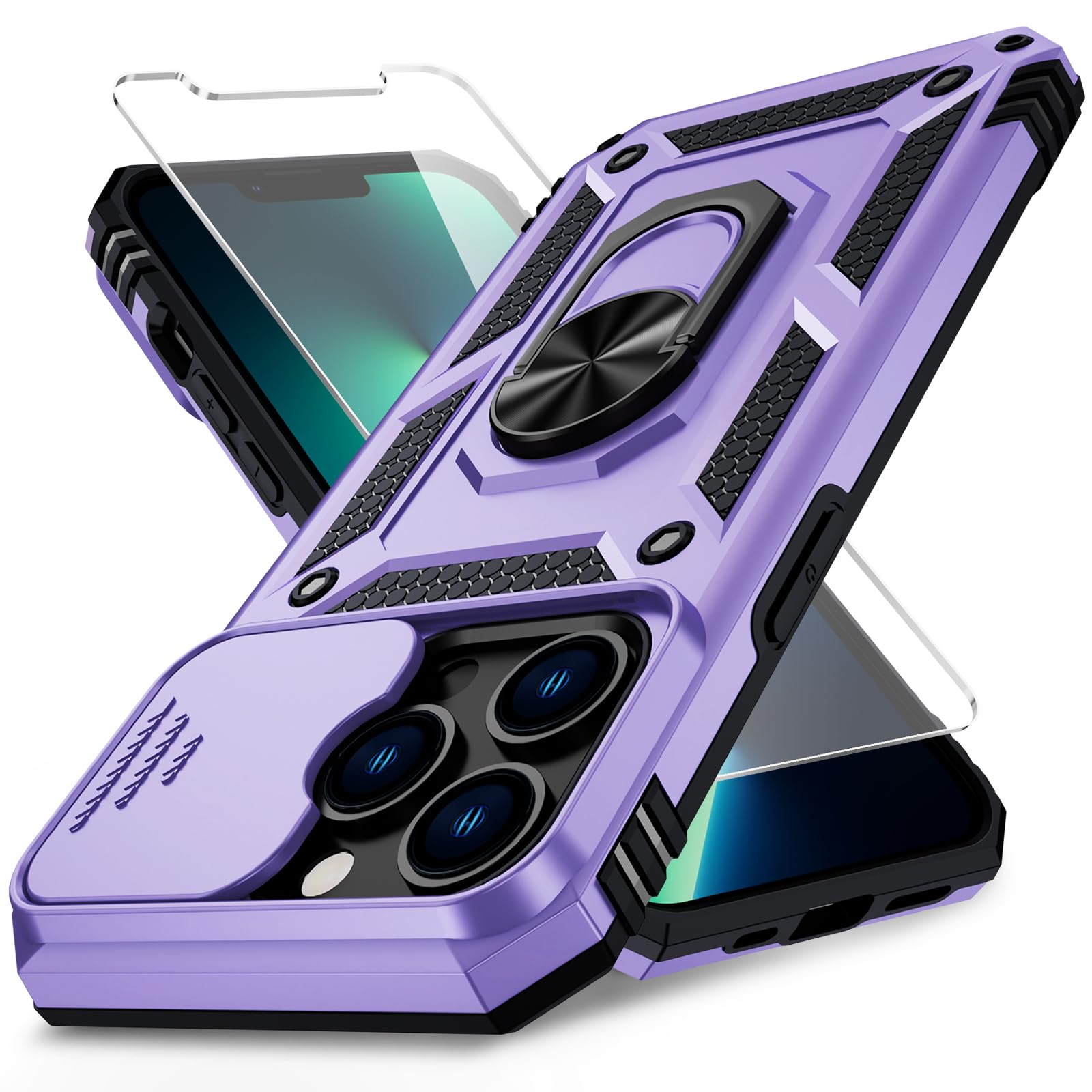 Weycolor for iPhone 13 Pro Case with Camera Lens Cover, HD Screen Protector, 10 FT Military Grade Drop Protection, Magnetic Ring Holder Kickstand