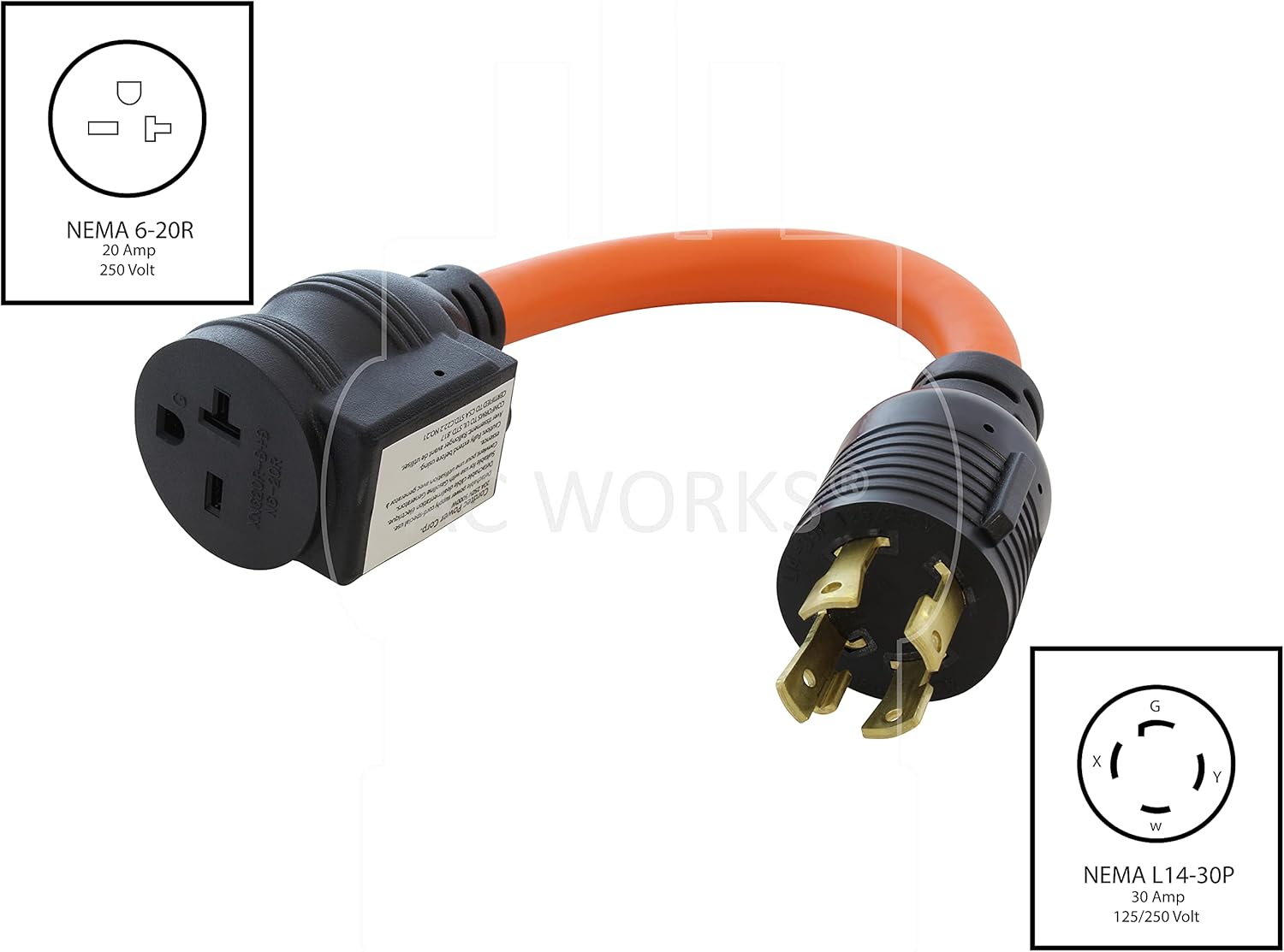 AC WORKS L14-30P 30Amp 4-Prong Locking Plug to NEMA 6-20R 250-Volt Female Connector (Flexible)