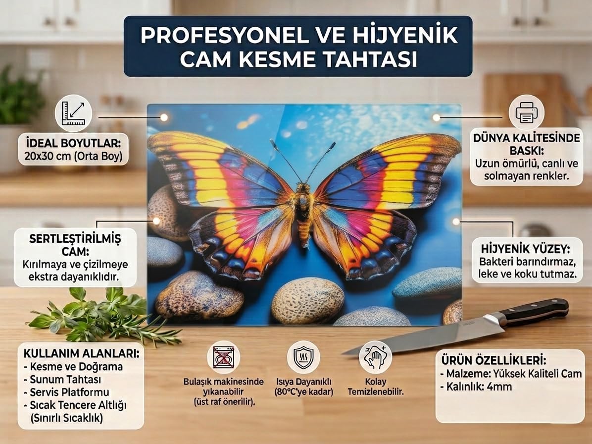 Renkli Kelebek Desenli Cam Kesme Tahtası (20x30 cm) – Kaymaz Tabanlı, Isıya Dayanıklı, Hijyenik ve Dayanıklı Mutfak Tahtası