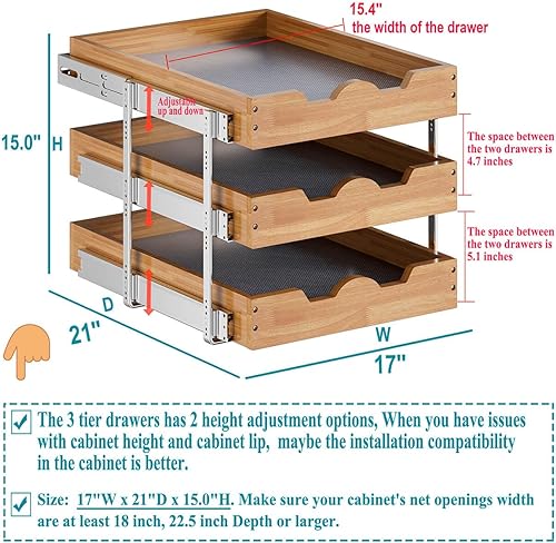 Vista 55 de OCG Organizador de gabinete extraíble de 11 pulgadas de ancho x 21 pulgadas de profundidad, estante deslizante de 2 niveles, cajón extraíble