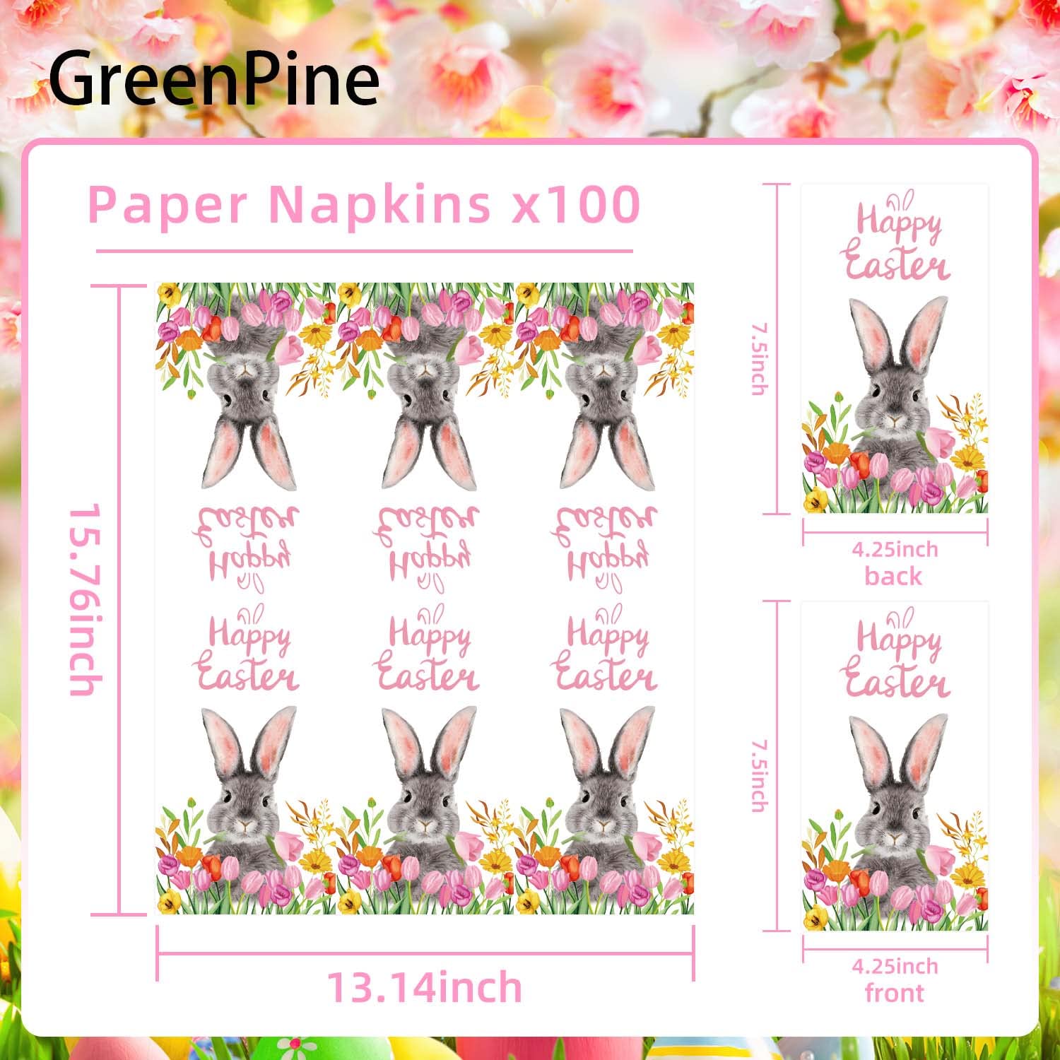 ?GreenPine 100 Happy Easter Napkins Tulip Bunny Disposable Decorative Table Napkins Spring Floral Beverage Napkins Cocktail Napkins Home Family Dinner Party Supplies, 4.37 x 7.87 Inches?