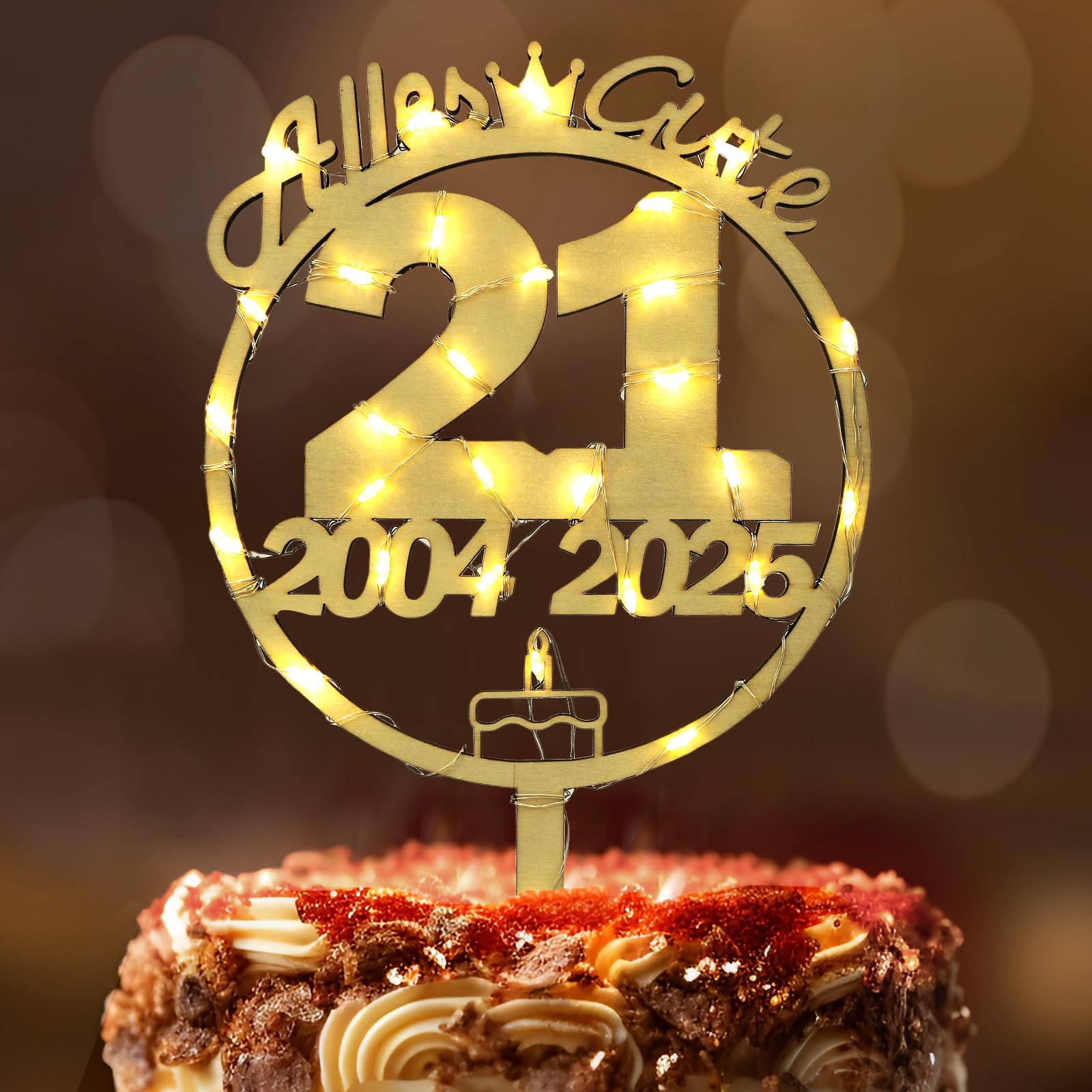 Tortendeko 21 Geburtstag Frau Mann, Seutgjie 21. Geburtstag Cake Topper Holz mit LED Lichterkette 2004 bis 2025 Kuchen Deko