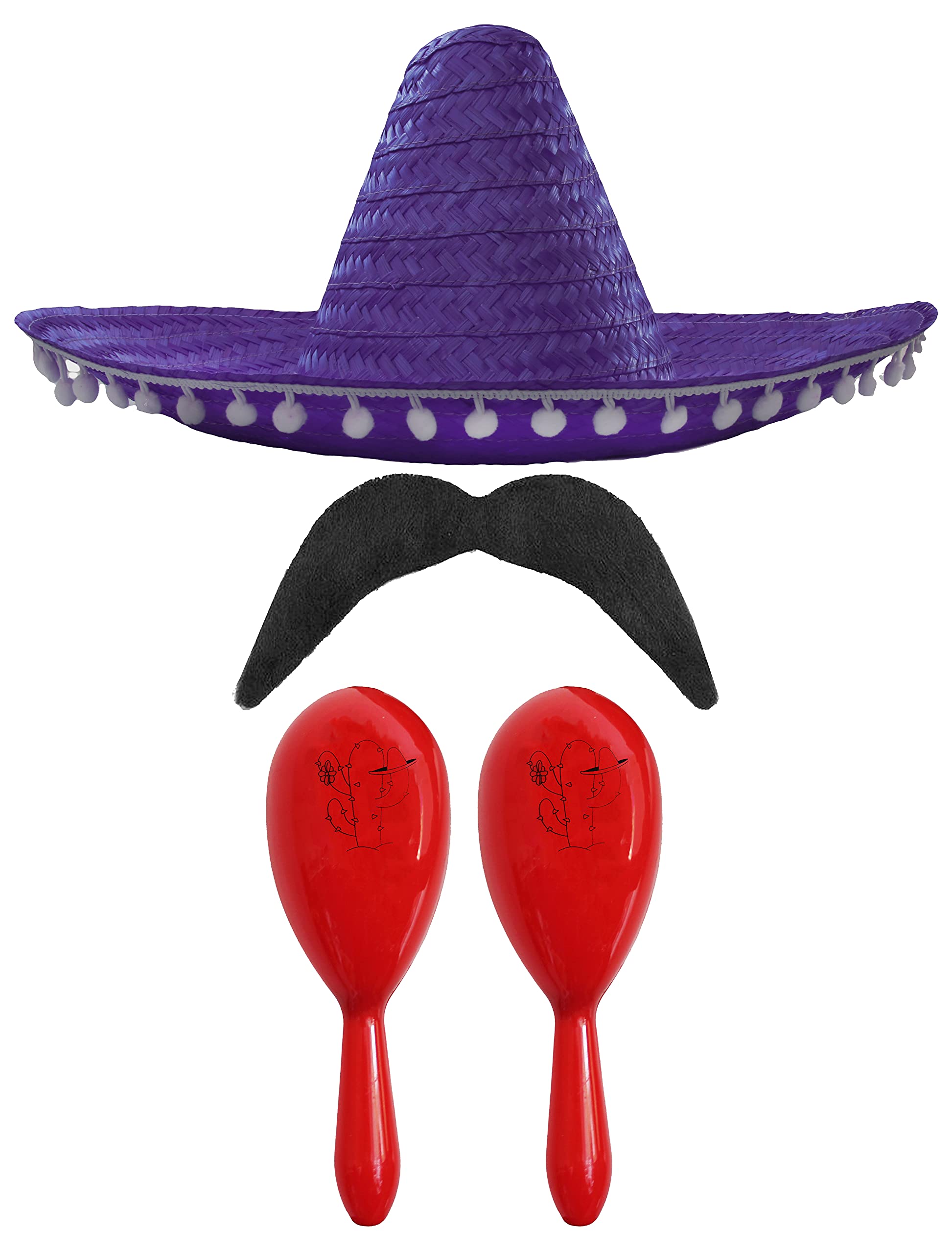 Adults Mexican Accessory Set - Natural Mexican Sombrero, Red Maracas, Moustache - Mexican Cinco de Mayo Sensorita Bandit Mariachi Fancy Dress Costume Accessory Set — image 1