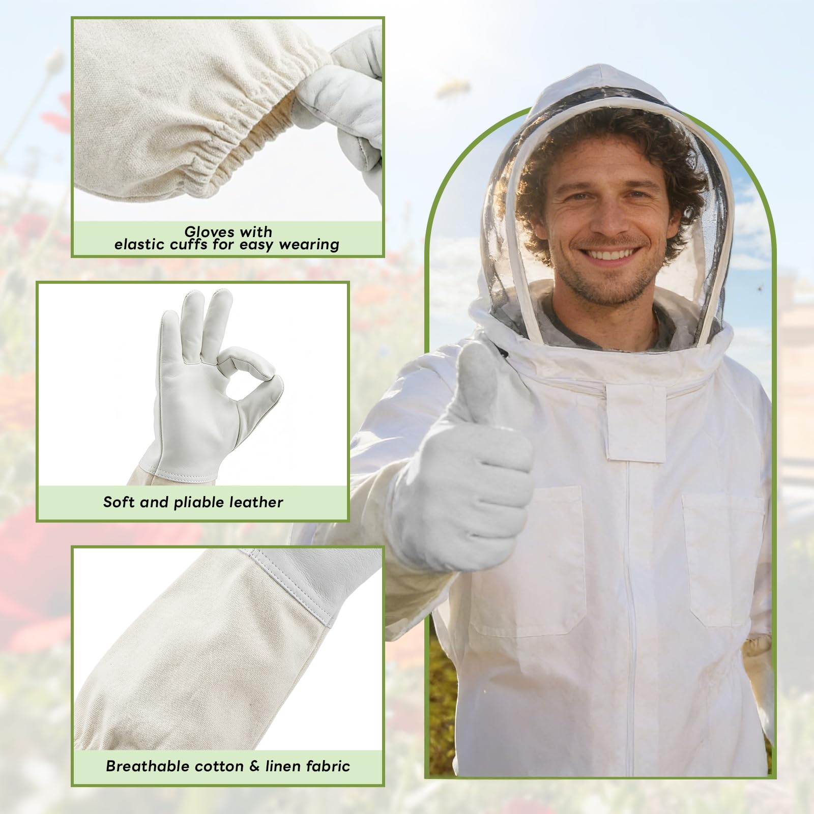 Traje de apicultura, traje de protección de cuerpo completo, ropa protectora con velo, capucha, guantes, traje de abejas para el jardín y suministros de apicultura (XL)