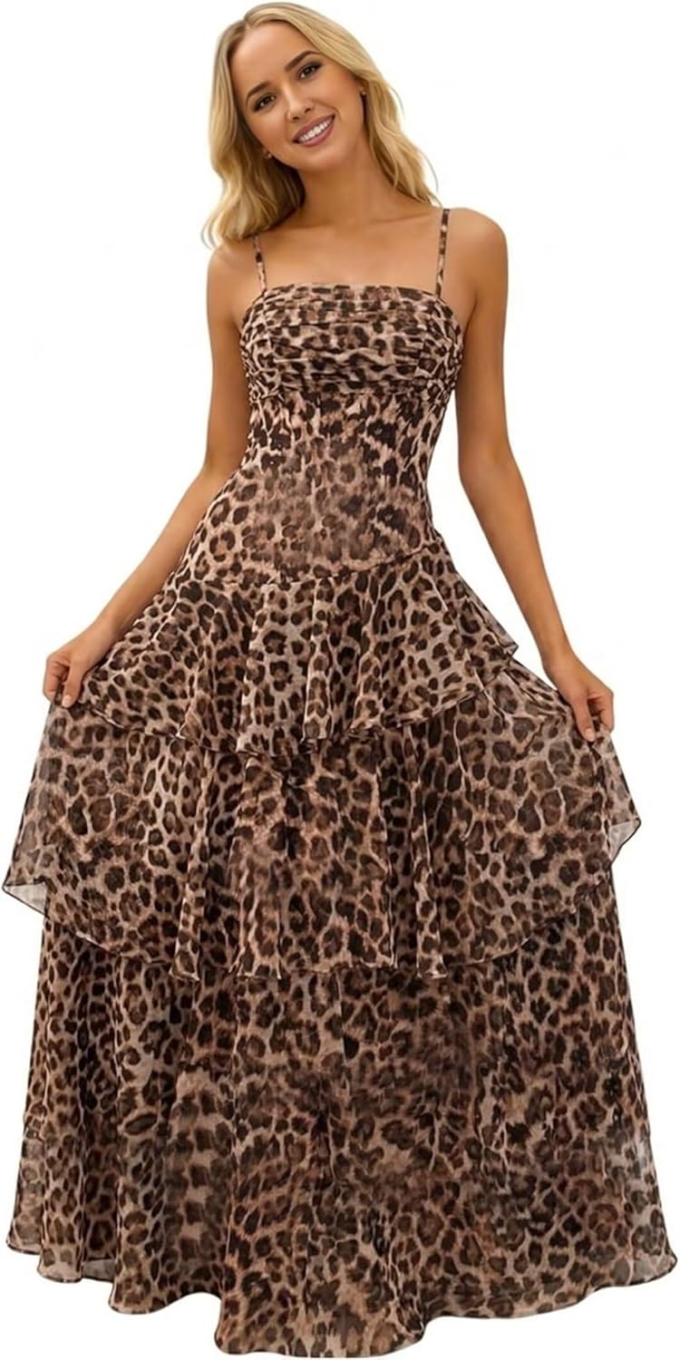 Tiered Ruffle Prom Dresses for Women Chiffon Spaghetti Straps Formal Evening Dress Long