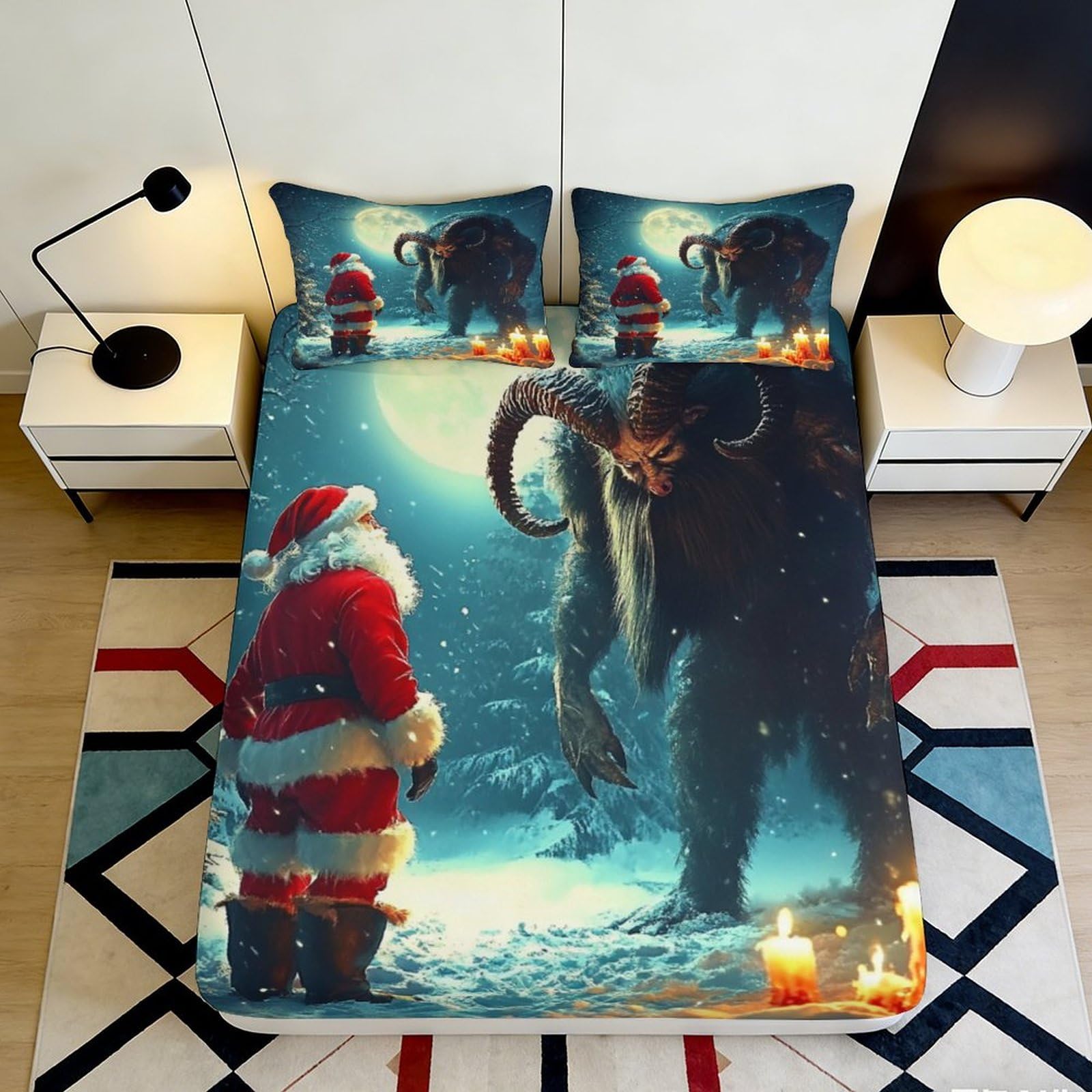 Decorative Santa and Monster 3D Printed Fitted Sheet, Microfiber soft touch, wrinkle resistant, apartment bedding, easy to remove, bedroom decor, dustproof 180x200x25cm