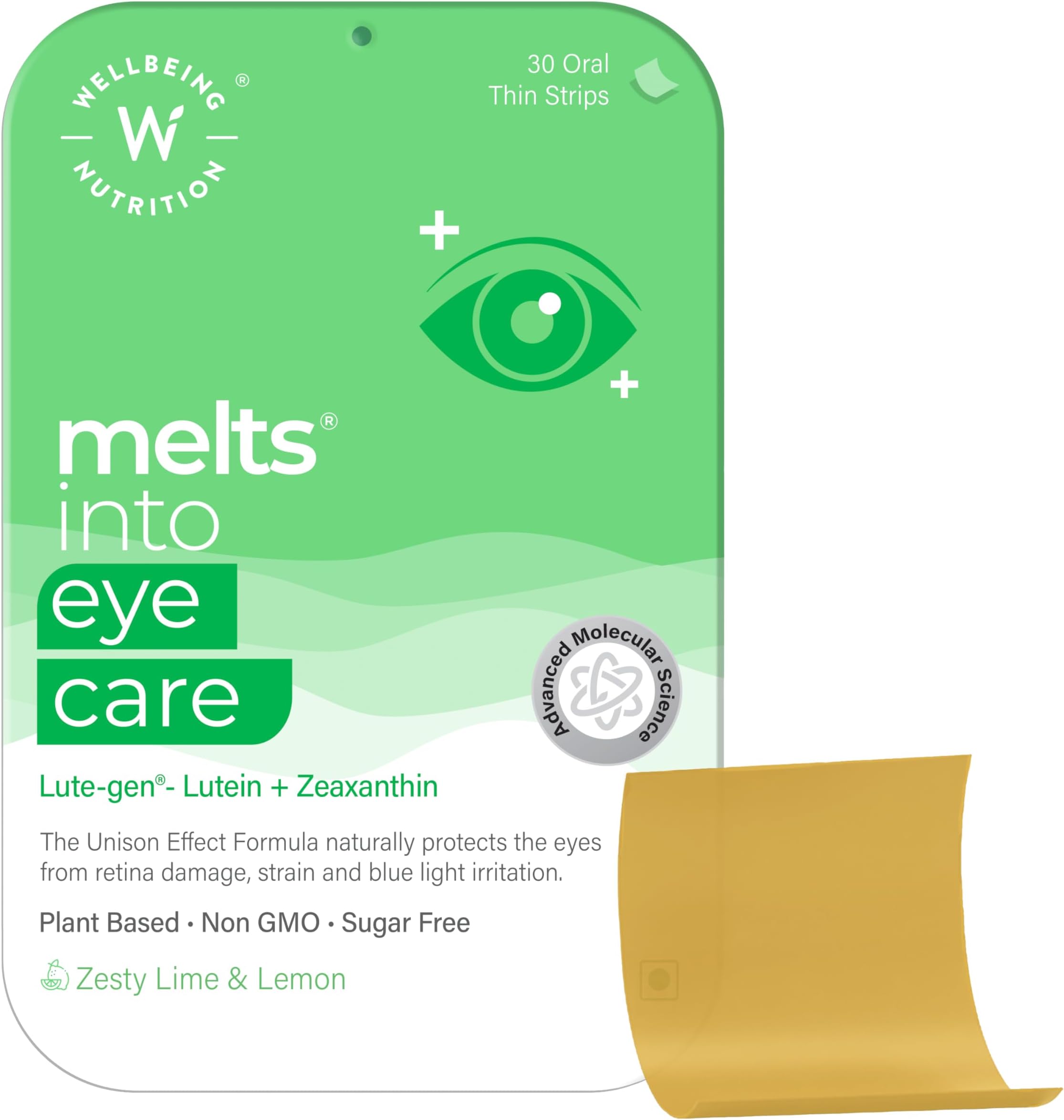 Wellbeing Nutrition Melts Eye Care supplement with Lutein 10mg, Zeaxanthin 2mg, Bilberry, Beetroot | Clinically Proven to Improves Vision, Reduces Digital Strain,Blue Light Damage (30 Oral Strips)