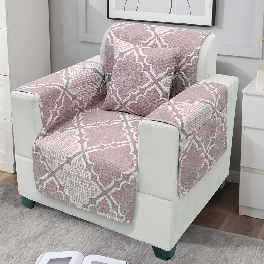 Premium Quilted 1 Seater Sofa Cover with Side Pockets Anti-Slip Couch Protector for Loveseat | Washable Furniture Cover - Floral Printed Mouse and Grey