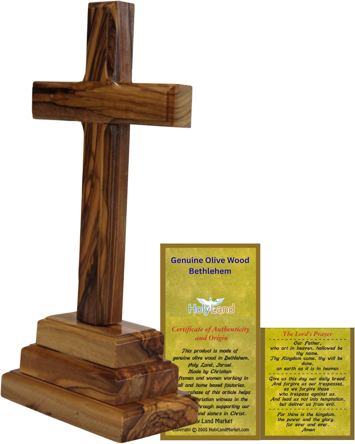 Holy Land Market 8” Olive Wood Standing Altar Cross – Hand-Carved in Bethlehem by Christian Artisans – Tabletop Crucifix with Certificate of Authenticity & Prayer Card – Genuine Holy Land Olive Wood