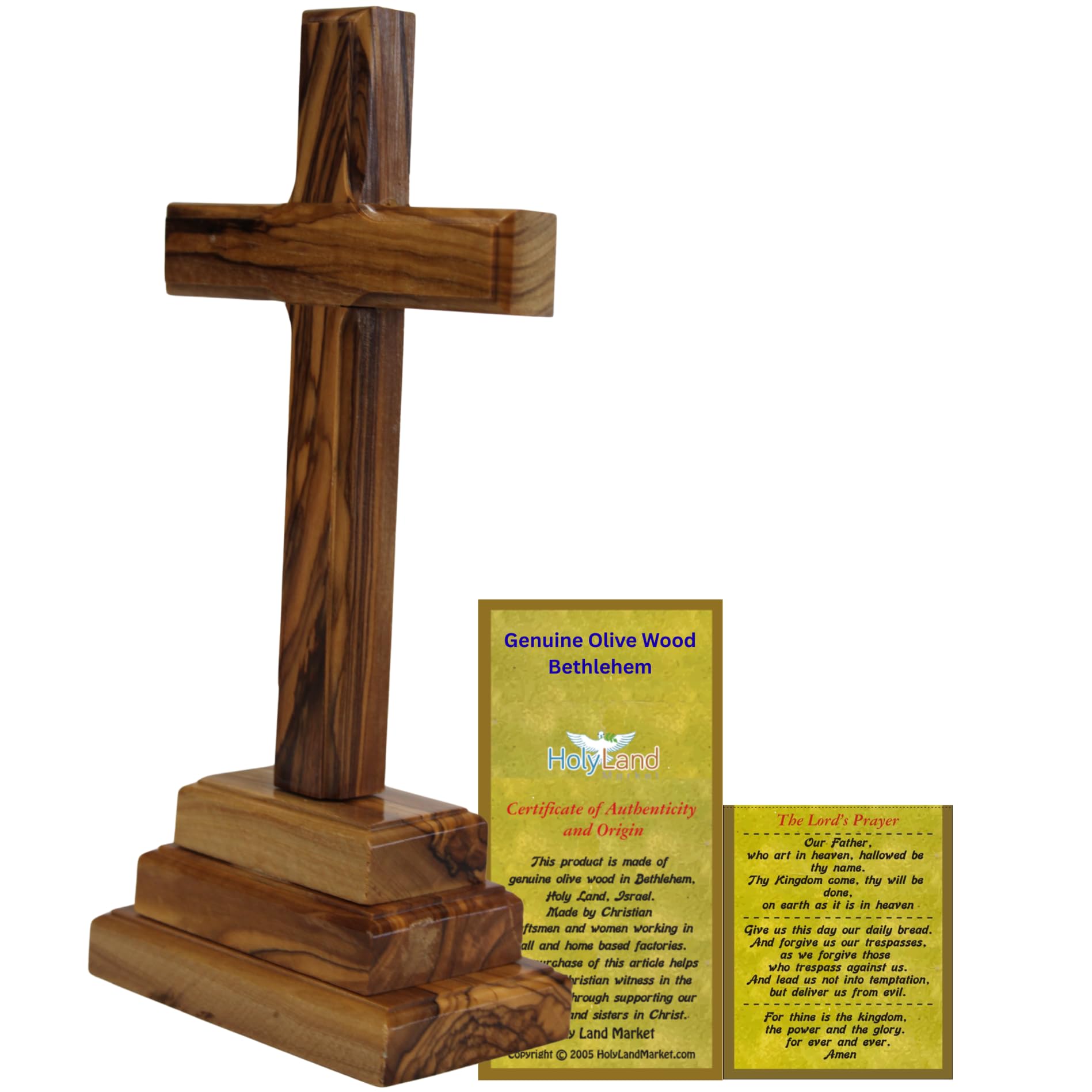 Holy Land Market 8” Olive Wood Standing Altar Cross – Hand-Carved in Bethlehem by Christian Artisans – Tabletop Crucifix with Certificate of Authenticity & Prayer Card – Genuine Holy Land Olive Wood