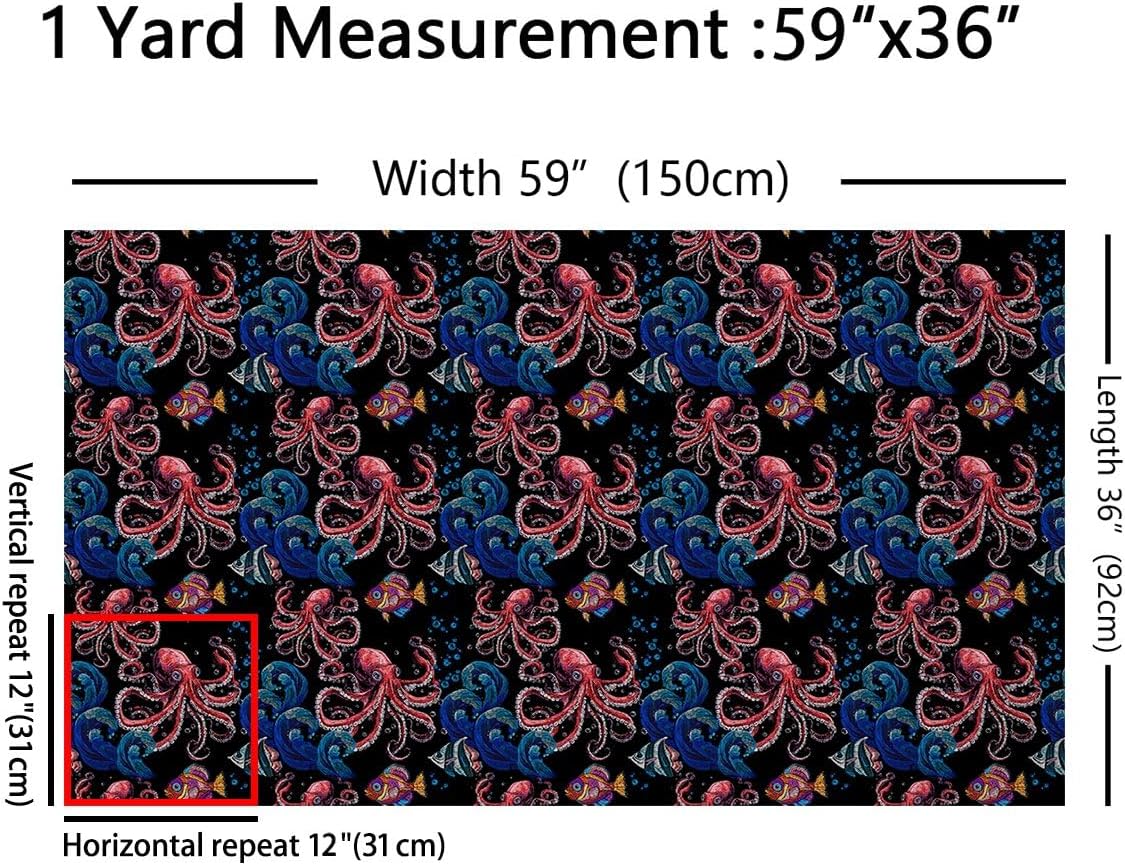 jejeloiu Octopus Upholstery Fabric, Ocean Octopus Tentacles Fabric by The Yard, Sea Marine Fish Decorative Fabric for Upholstery and Home DIY Projects, Outdoor Fabric, 2 Yards, Blue Red