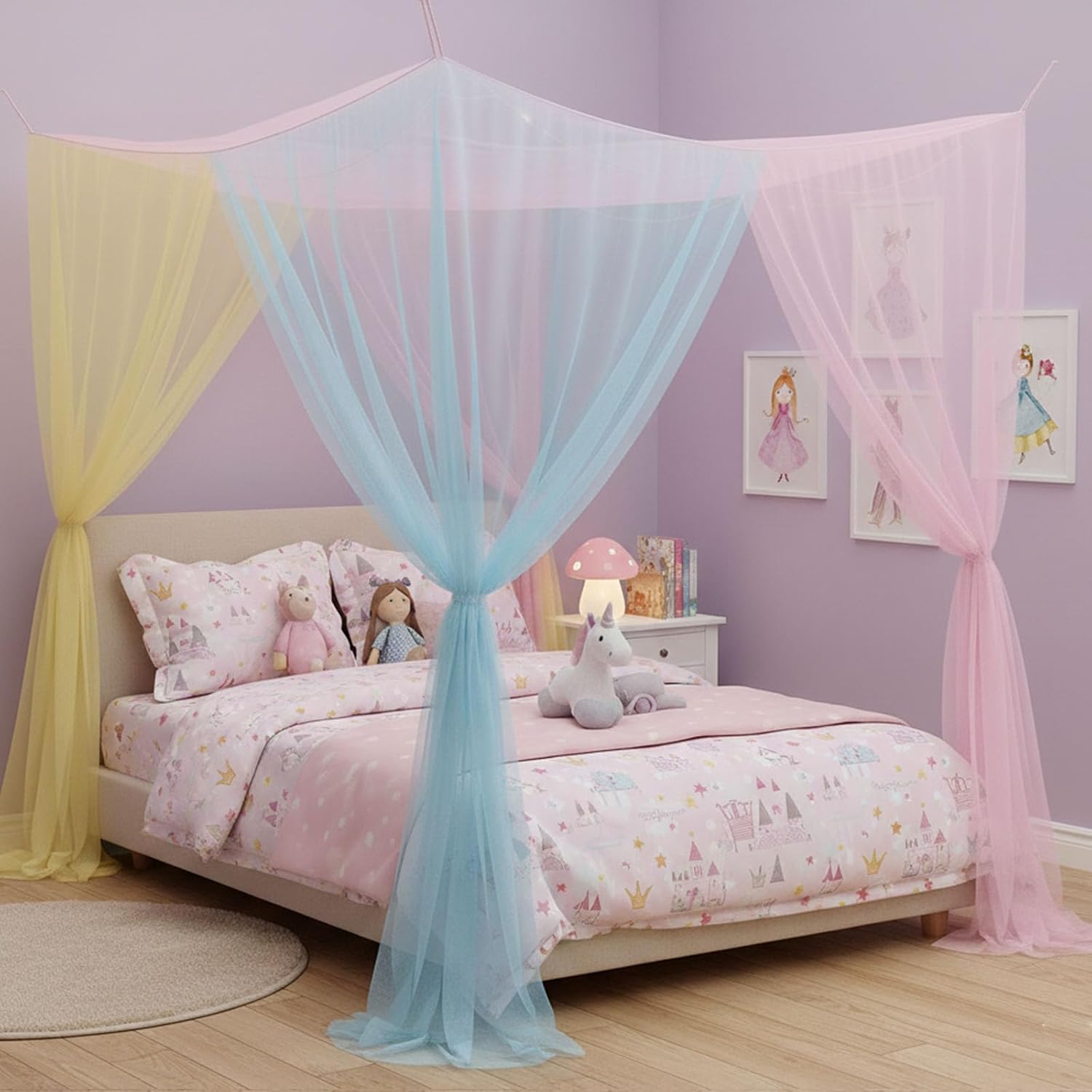 4 Corner Mosquito Net for Bed, Rainbow Canopy Bed Curtains for Full Queen King Size Bed, Elegant Princes Bed Canopy for Patio Indoor Outdoor, Halloween Decoration (Rainbow, 84.7"X82.7"X86.6")