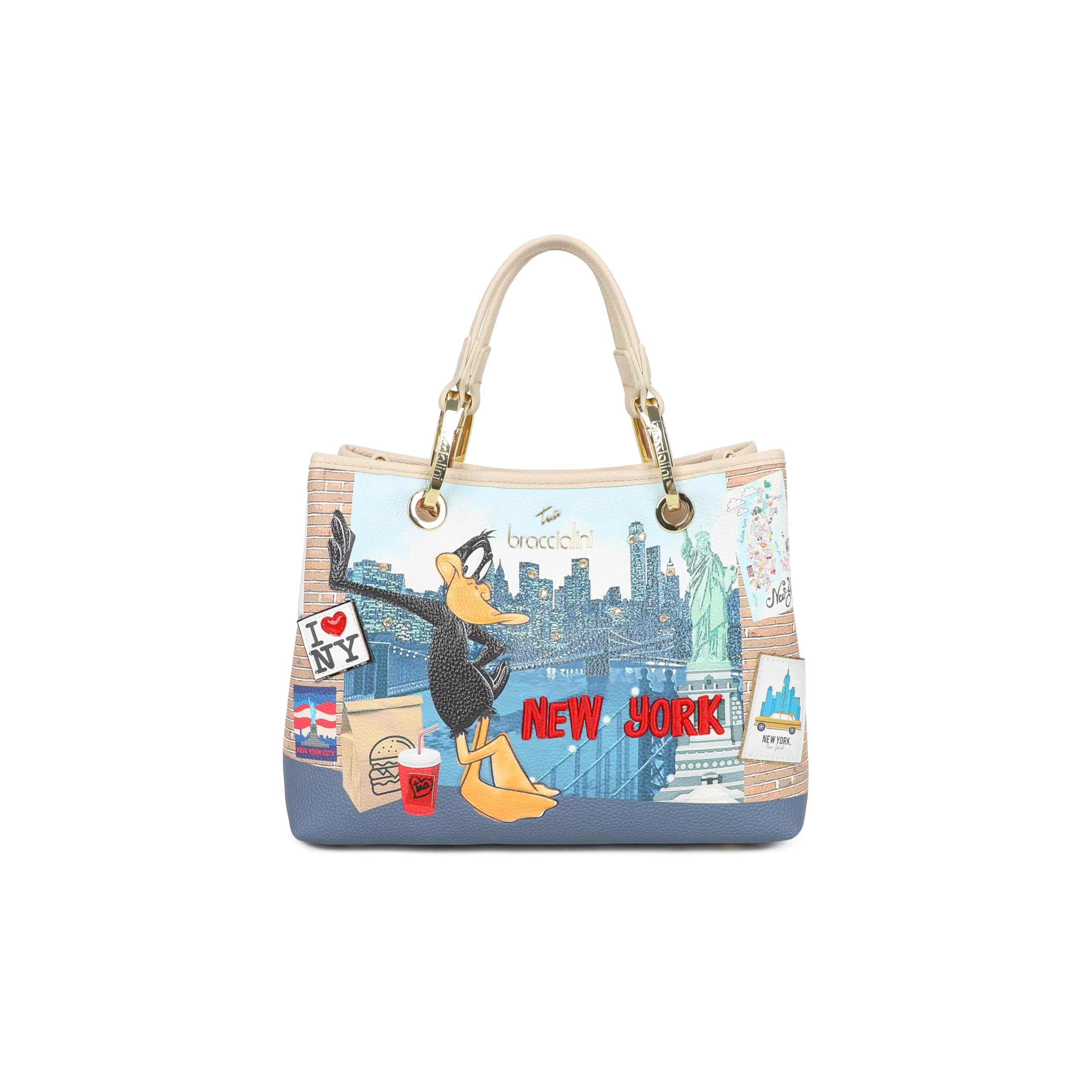 Braccialini Postales Lt Bolso de mano de piel sintética con asas dobles y correa ajustable y extraíble, para una doble portabilidad cómoda y versátil. El estampado vibrante inspirado en Nueva York