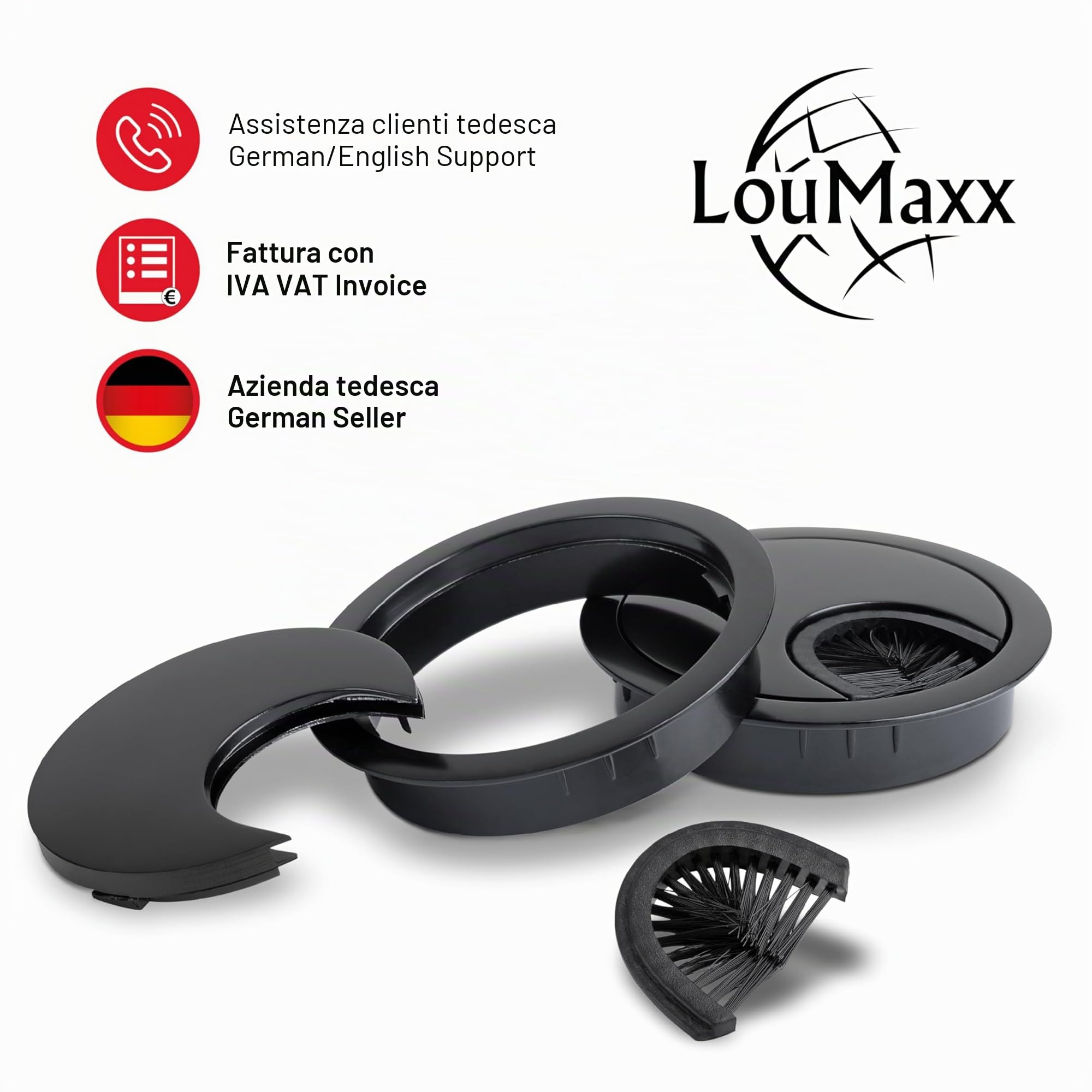 LouMaxx Guidacavi Ø 60 mm – Set di 2 pezzi in metallo nero – passacavi con guarnizione antipolvere – per una maggiore organizzazione