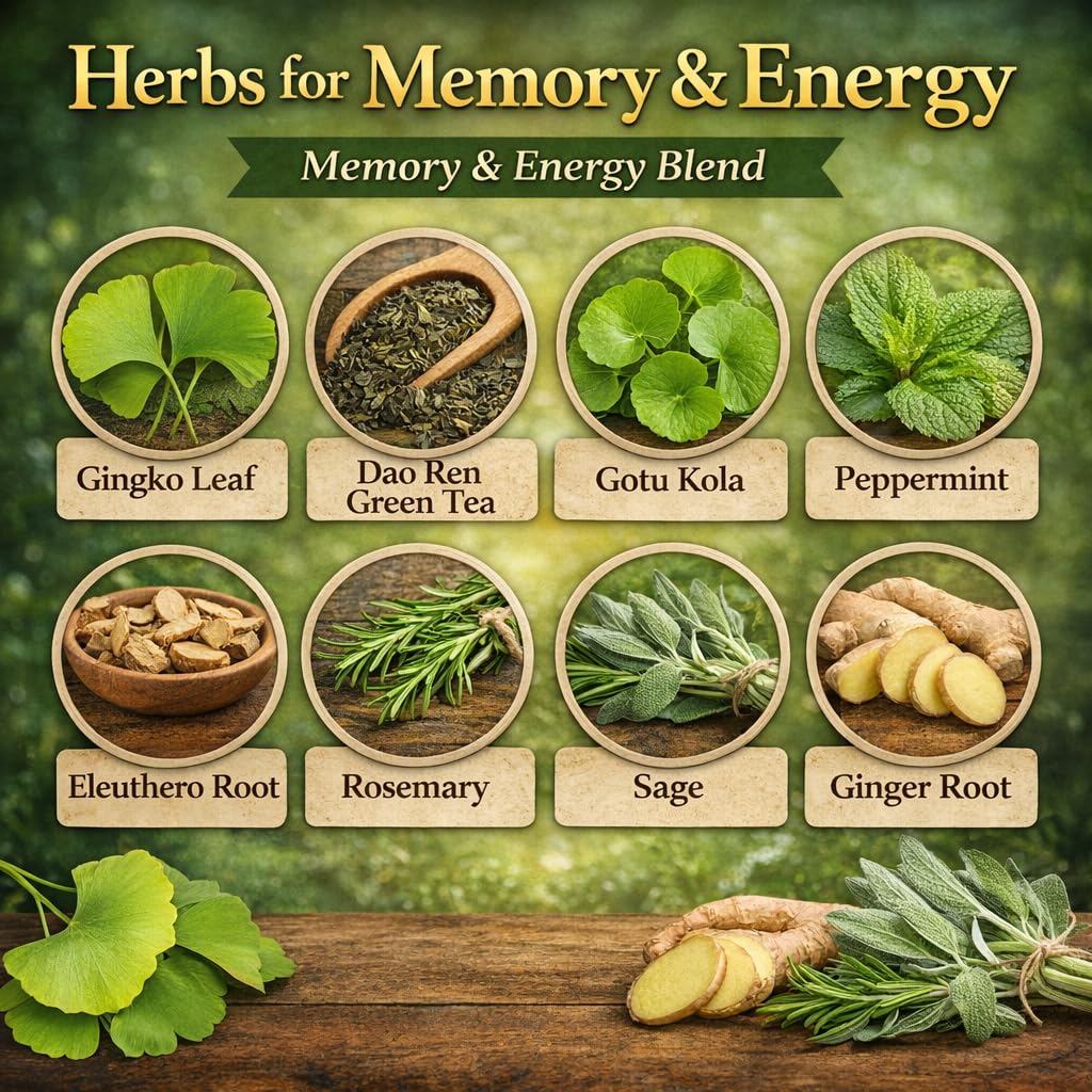 MEMORY & ENERGY TEA – Focus & Clarity Blend with Ginkgo Biloba, Brahmi & Green Tea – Organic, Non-GMO – Formulated by Master Herbalist Khabir