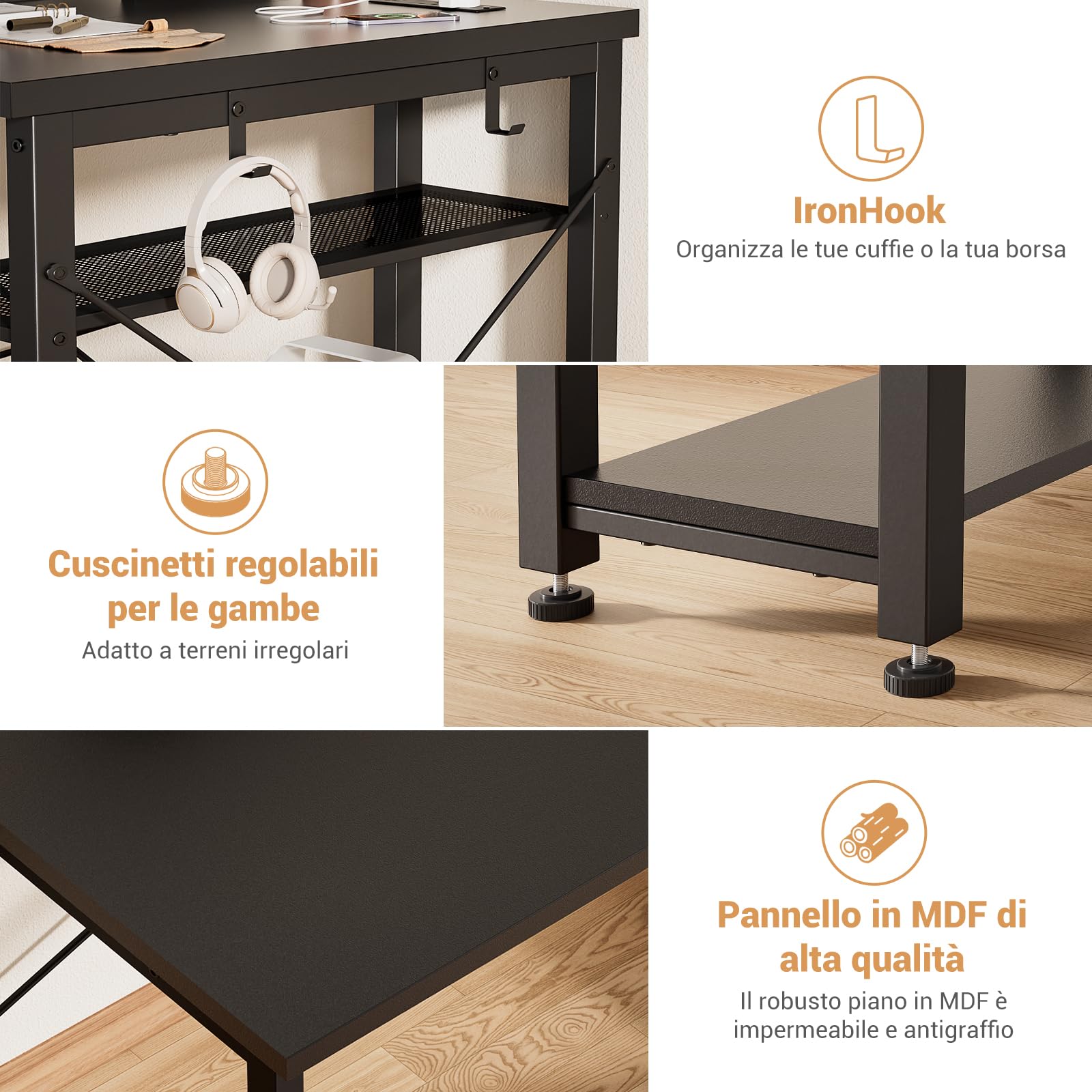 iSunirm Scrivania Gaming con Supporto per Monitor e Ripiano di Stoccaggio,Scrivania Computer con 2 Prese e 2 Porte USB,Scrivanie Moderne per Ufficio e Studio,100x50x75cm,Nero