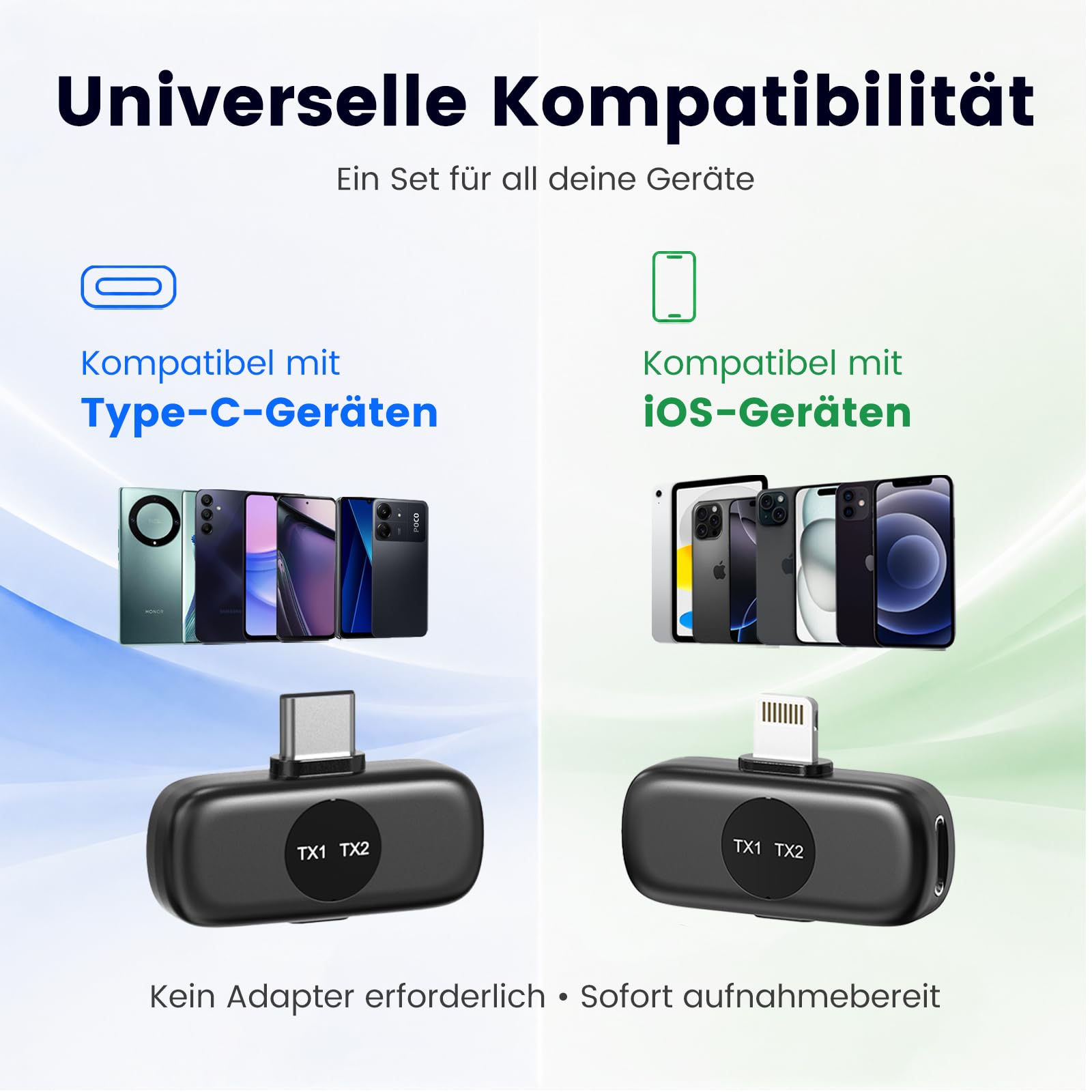Funkmikrofon für iPhone & Android, USB-C & Lightning, 2 Mikrofone, Digitale Akkuanzeige an Mikrofonen & Ladecase, KI-Geräuschunterdrückung für TikTok, YouTube, Podcast