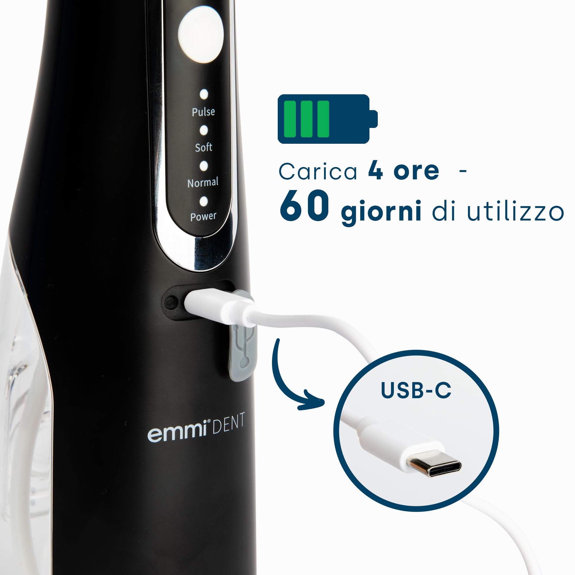 emmi-dent Irrigador bucal inalámbrico, 310 ml, limpiador interdental con limpieza a 360° para un cuidado dental profundo, 4 modos de limpieza, 4 boquillas
