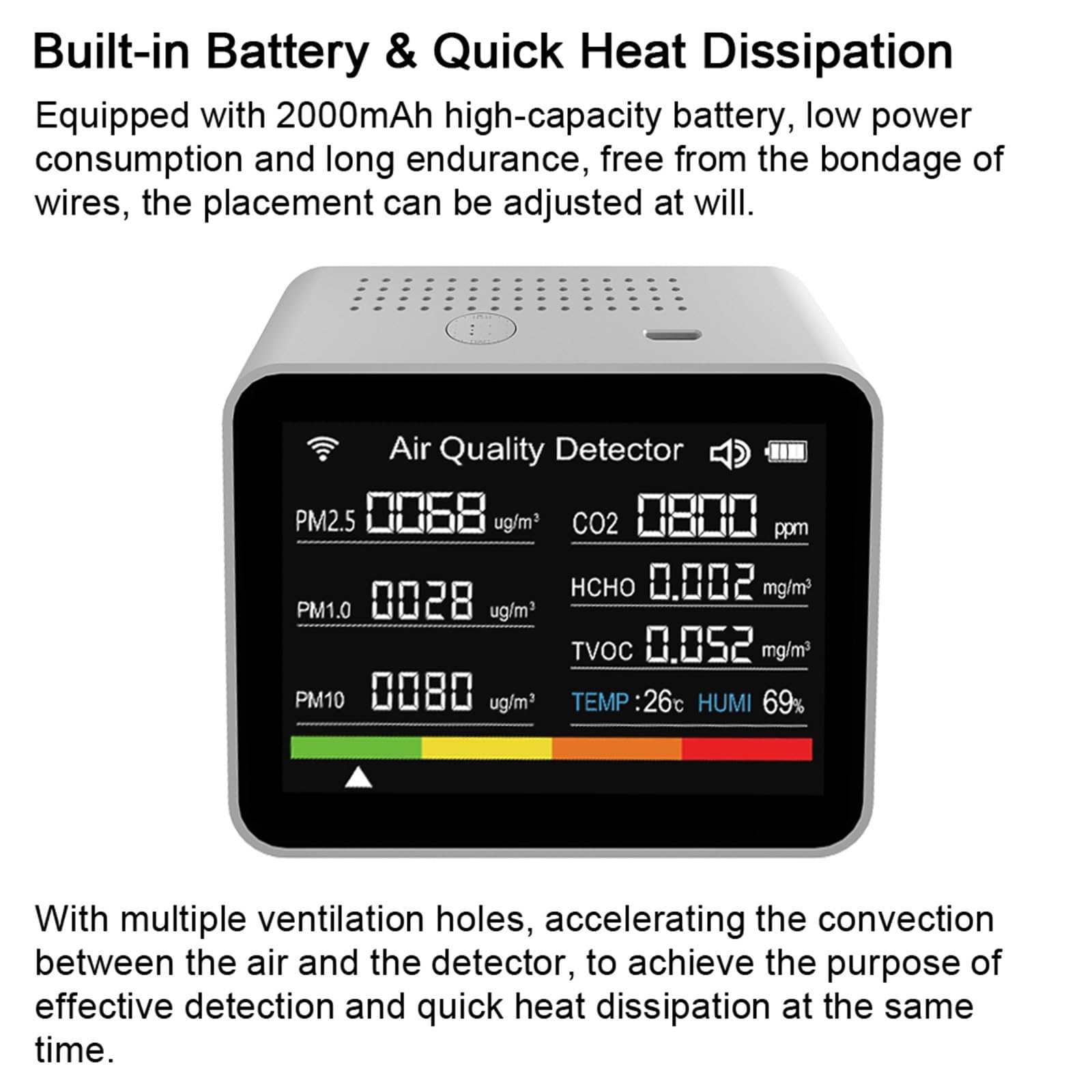 Detector de Gases, WiFi 13in1 Air Quality Tester CO2/TVOC/HCHO/PM2.5/PM1.0/PM10/Temperature/Time/Date/Alarm/Timer/Stopwatch CO2 Meter Tool,para el hogar(Black)