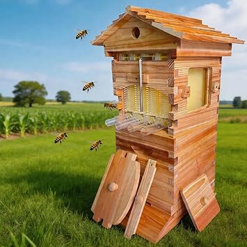 Self-Flowing Beehive Starter Kit, Compact Wooden Flow Hive Box with Honey Spout, Includes 4 Frames and 6 Honeycomb Sheets, for Backyard and Pollinator Gardens