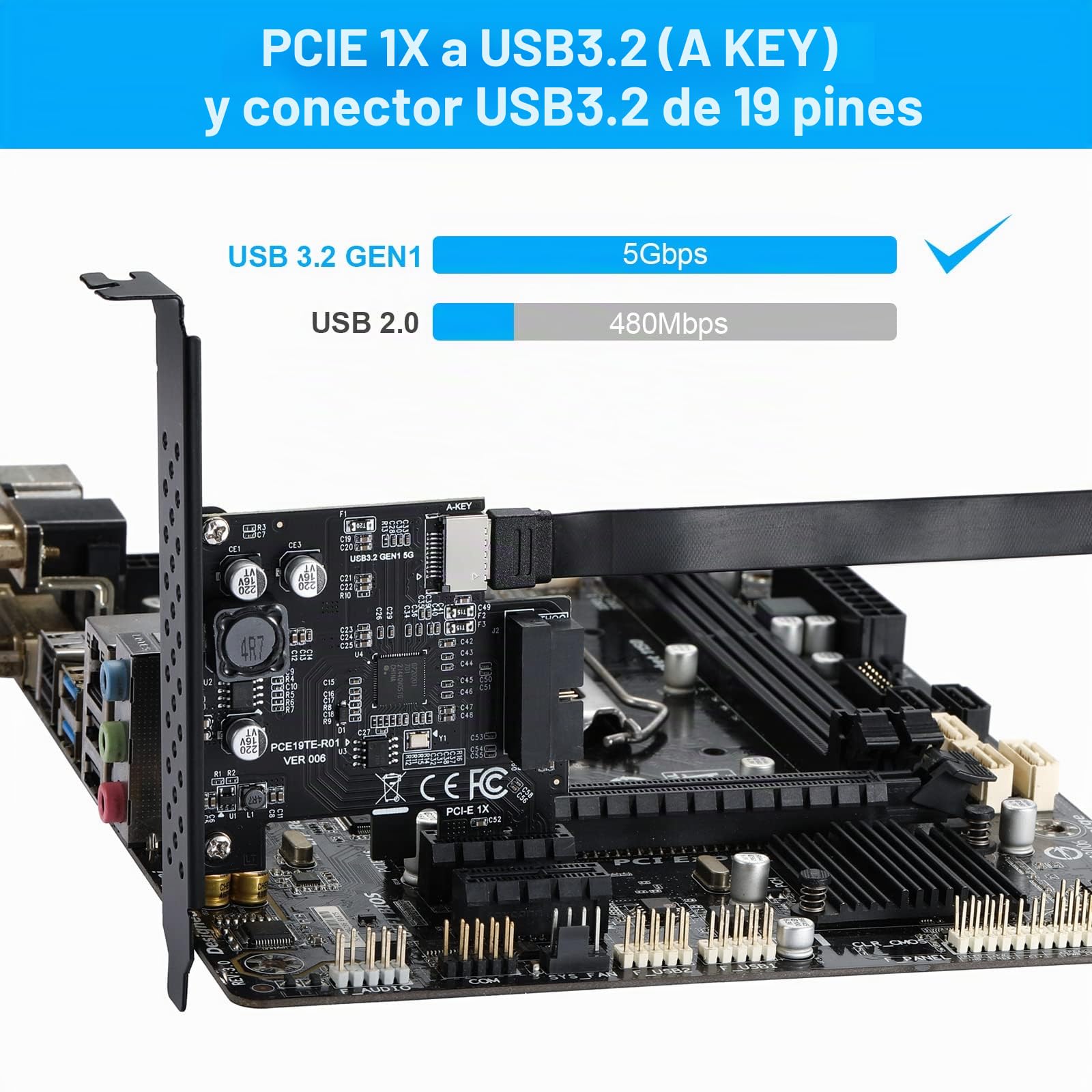 PCIE SATA Tarjeta de Expansión USB 3.2 GEN1 5Gbps Tipo E Tecla A y USB 3.0 19pin Panel Frontal Tarjeta de Expansión Compatible con XP/WIN7/WIN8/Vista/WIN10/WIN11 32BIT/64BIT/Linux