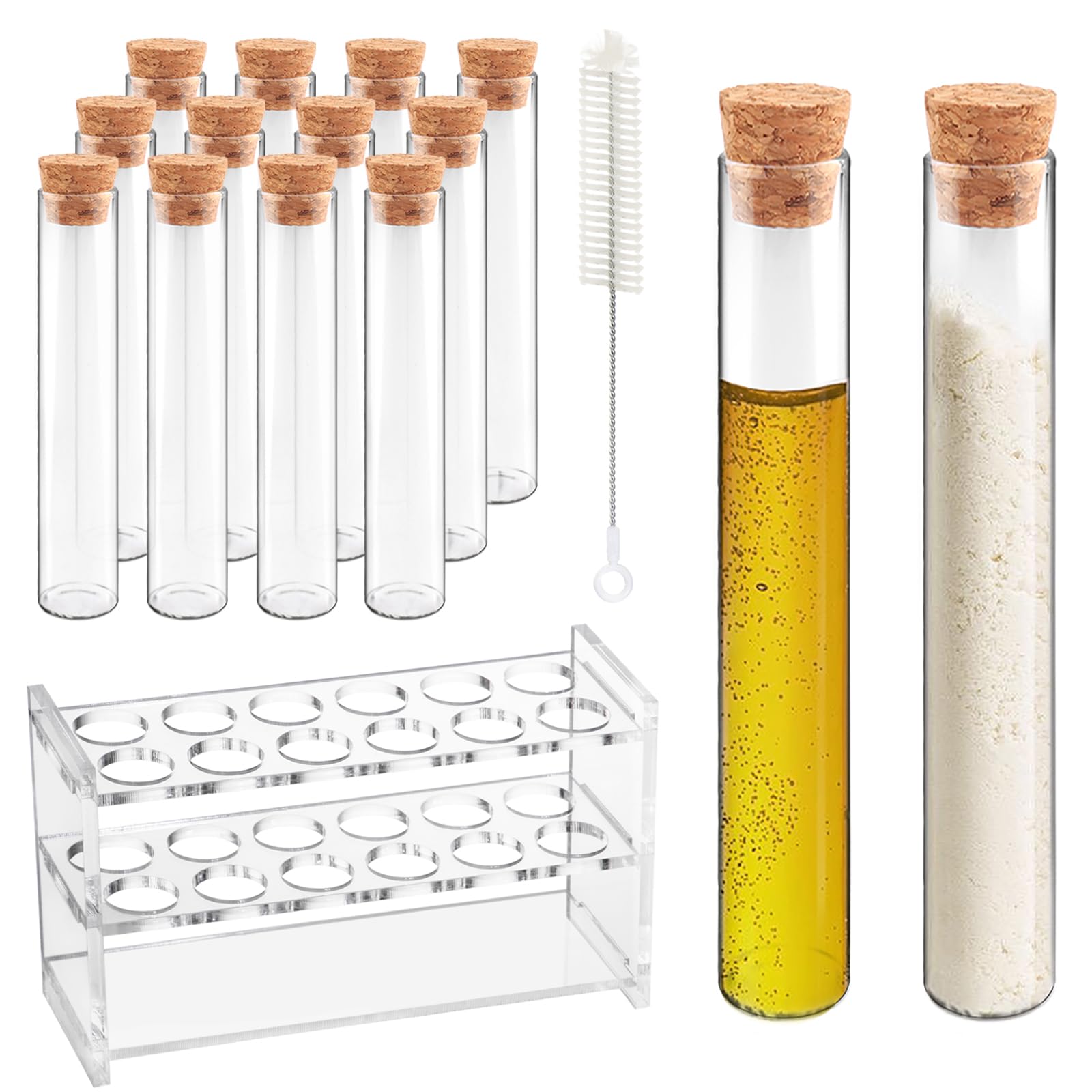 HUAOU 12pcs 60ml Glass Test Tube with Cork Stopper, 25x180mm Storage Tube with Cap, 12 Holes Acrylic Rack, Plant Propagation Vase, Tube Set for