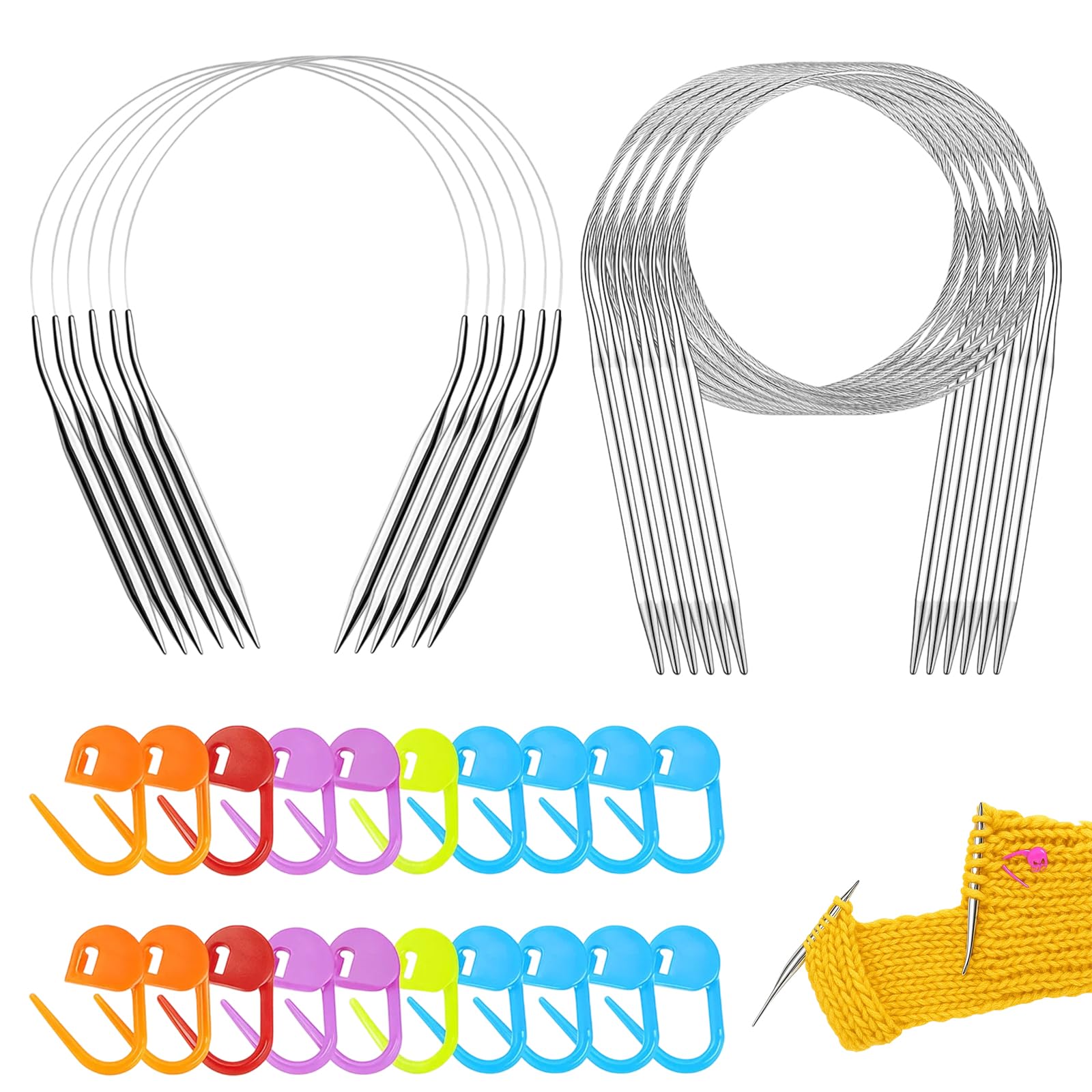 Circular Knitting Needles Set, 12 Pcs with 20 Colourful Stitch Markers, 40 cm & 80 cm Lengths, 2.5 mm to 5 mm Sizes, for Socks, Hats and DIY Knitting Projects
