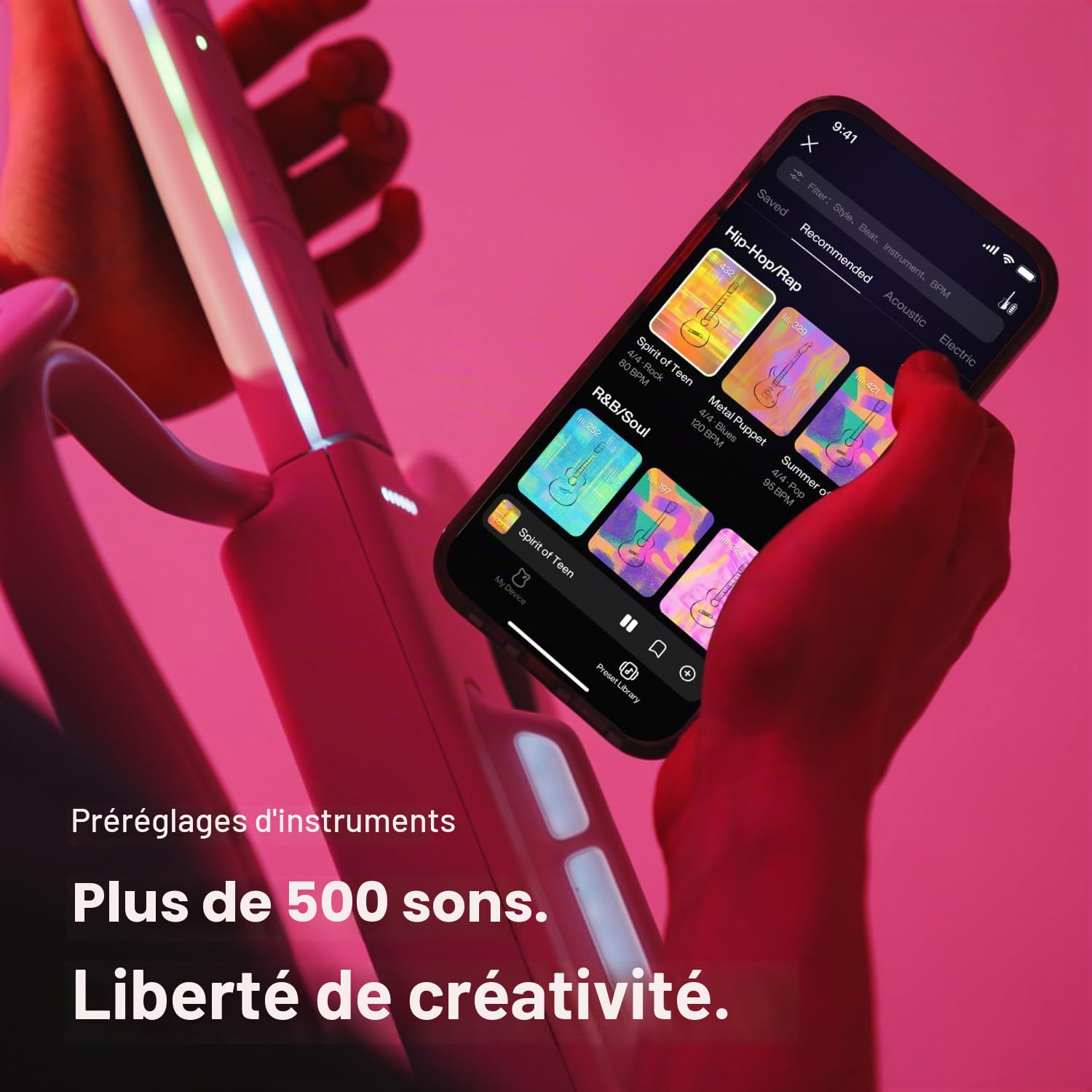 LAVA GENIE Guitare Sampler, Sans Cordes, Des centaines de Préréglages d'instruments, Haut-parleur intégré, Pliable, Amovible, Blanc, 30,5 Pouces