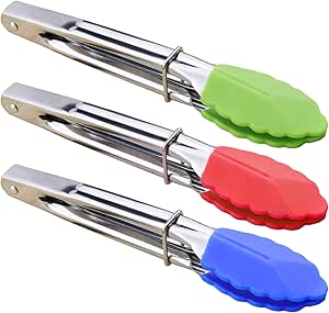 HINMAY Mini Tongs with Silicone Tips 7-Inch Serving Tongs, Set of 3 (Green Red Blue)
